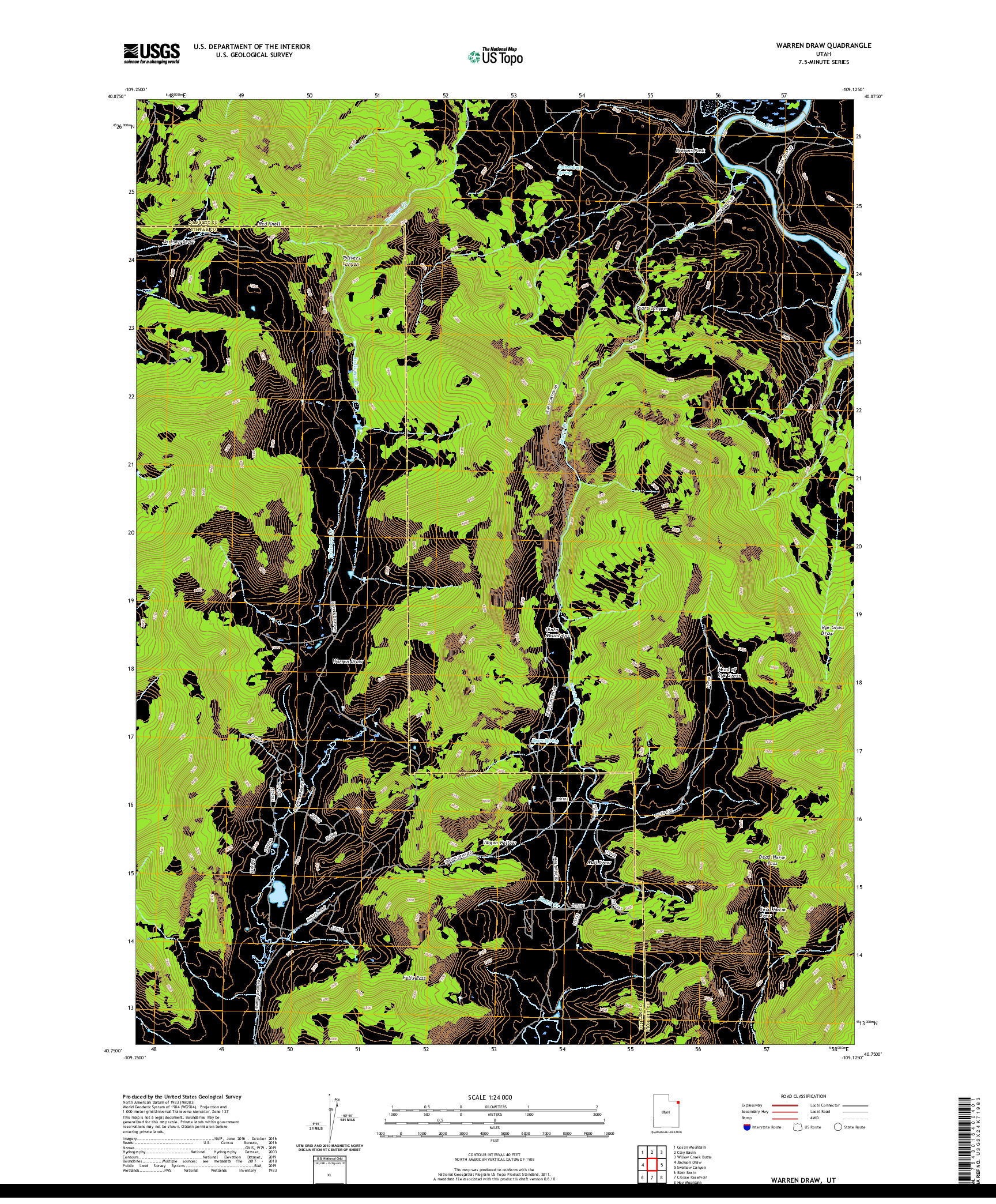 USGS US TOPO 7.5-MINUTE MAP FOR WARREN DRAW, UT 2020