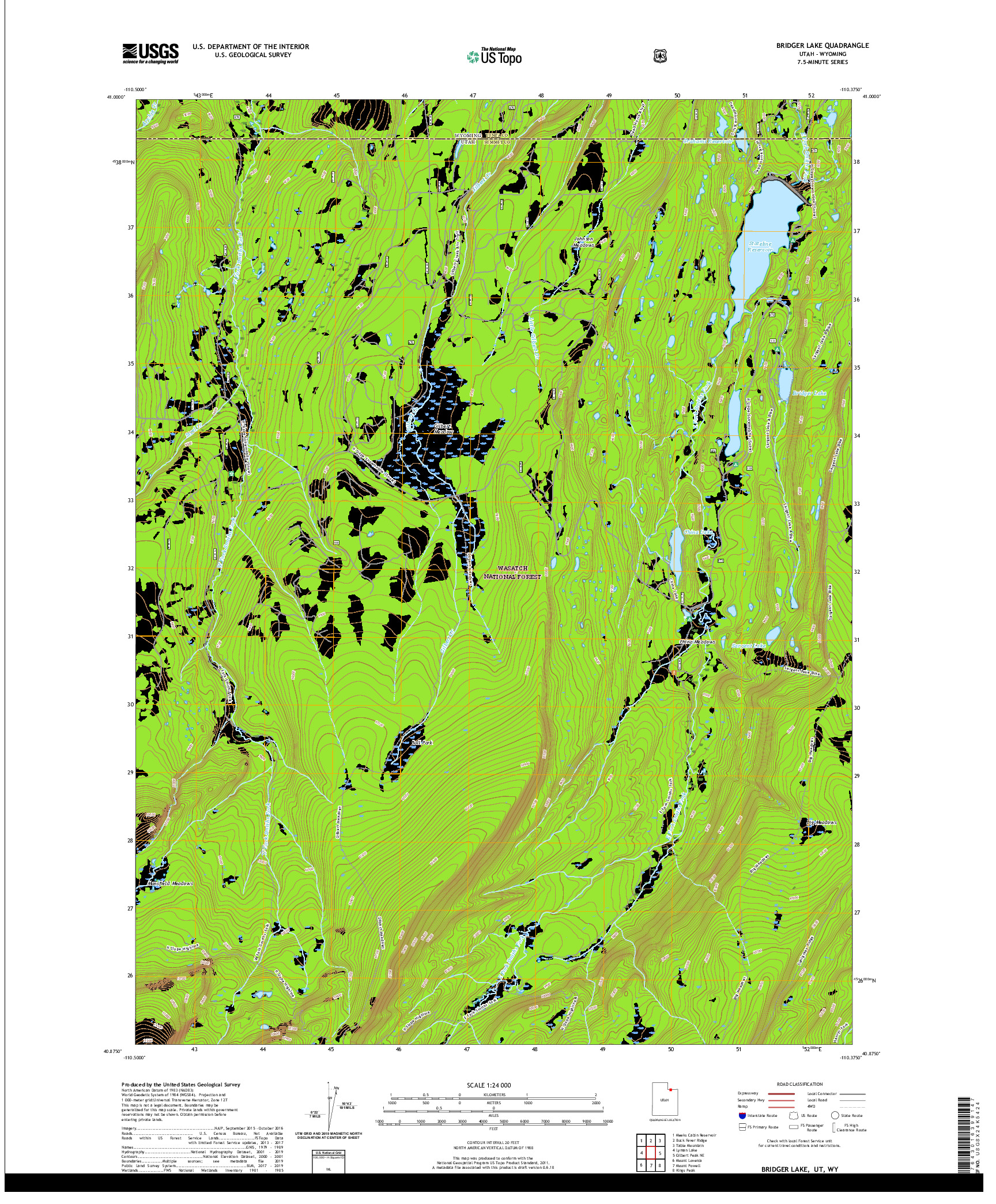 USGS US TOPO 7.5-MINUTE MAP FOR BRIDGER LAKE, UT,WY 2020