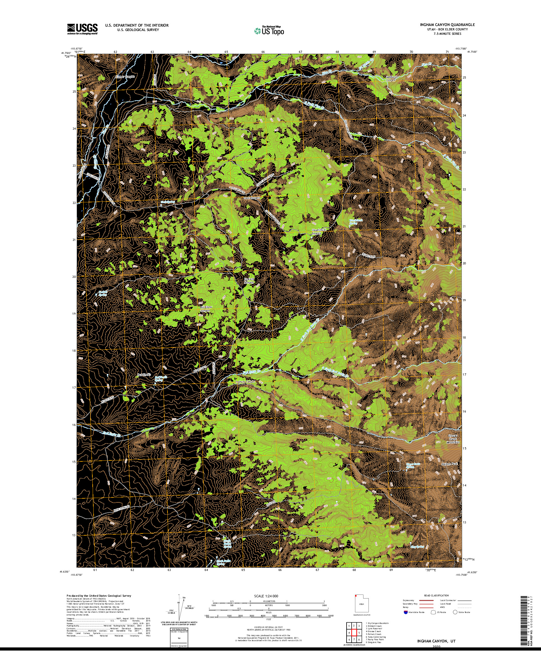 USGS US TOPO 7.5-MINUTE MAP FOR INGHAM CANYON, UT 2020