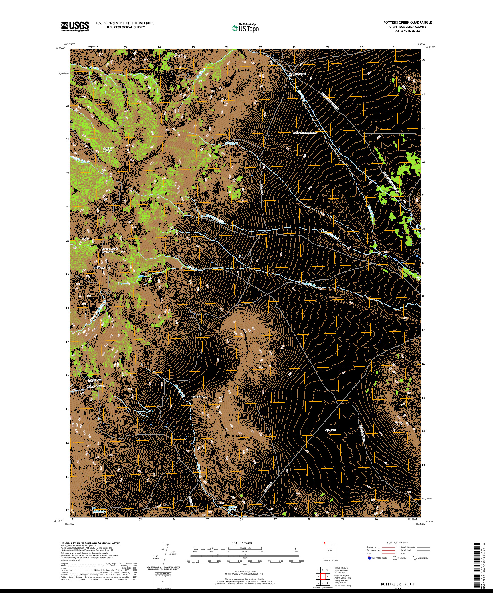 USGS US TOPO 7.5-MINUTE MAP FOR POTTERS CREEK, UT 2020