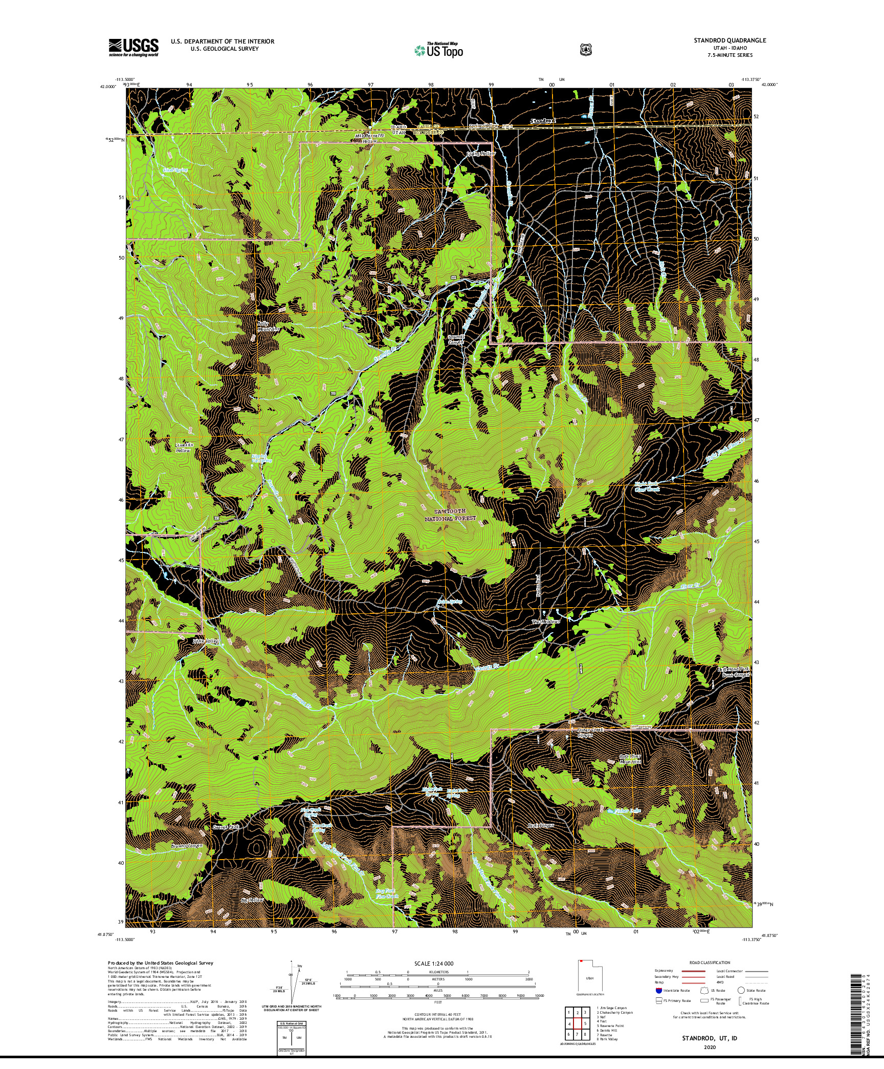 USGS US TOPO 7.5-MINUTE MAP FOR STANDROD, UT,ID 2020