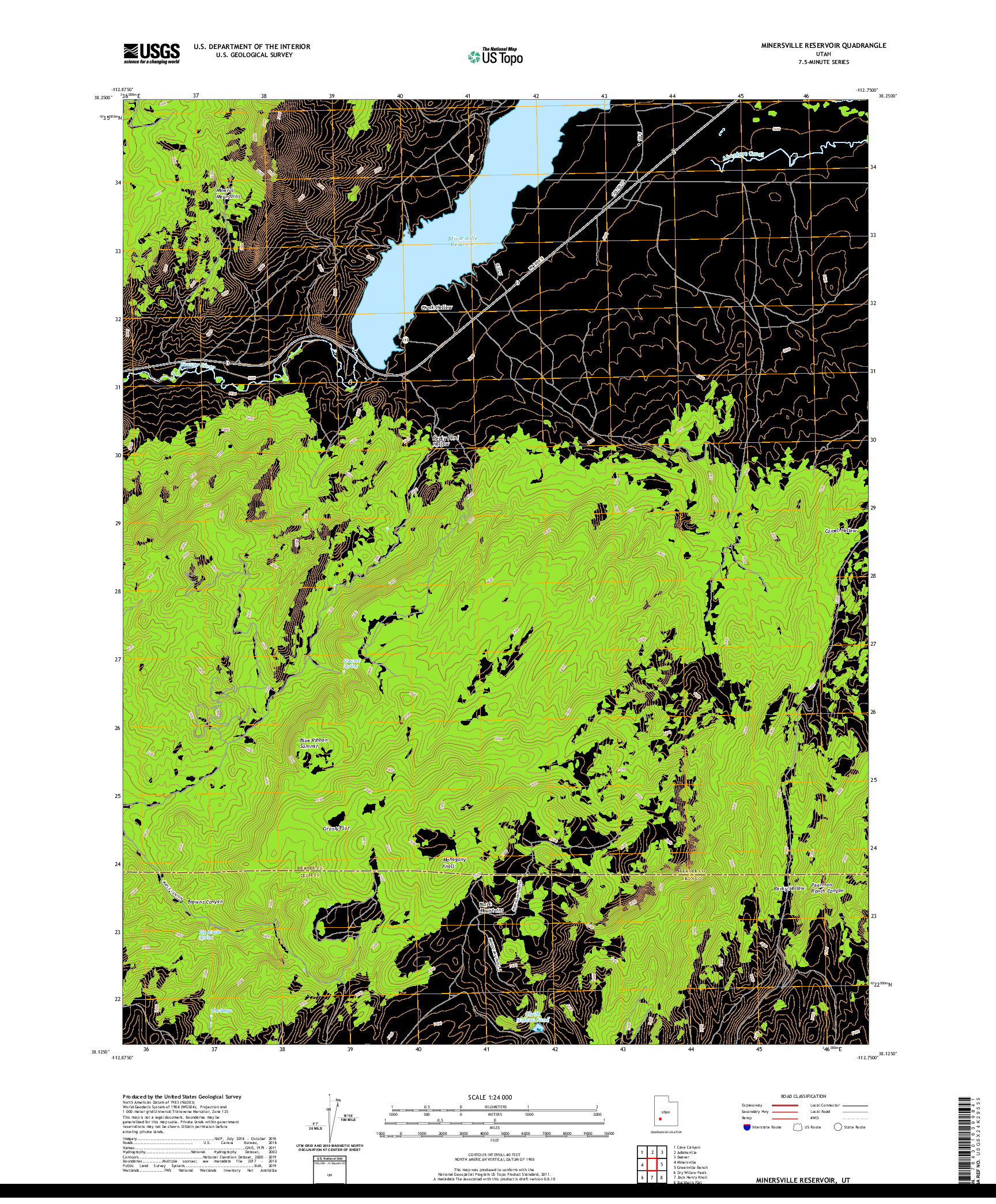 USGS US TOPO 7.5-MINUTE MAP FOR MINERSVILLE RESERVOIR, UT 2020