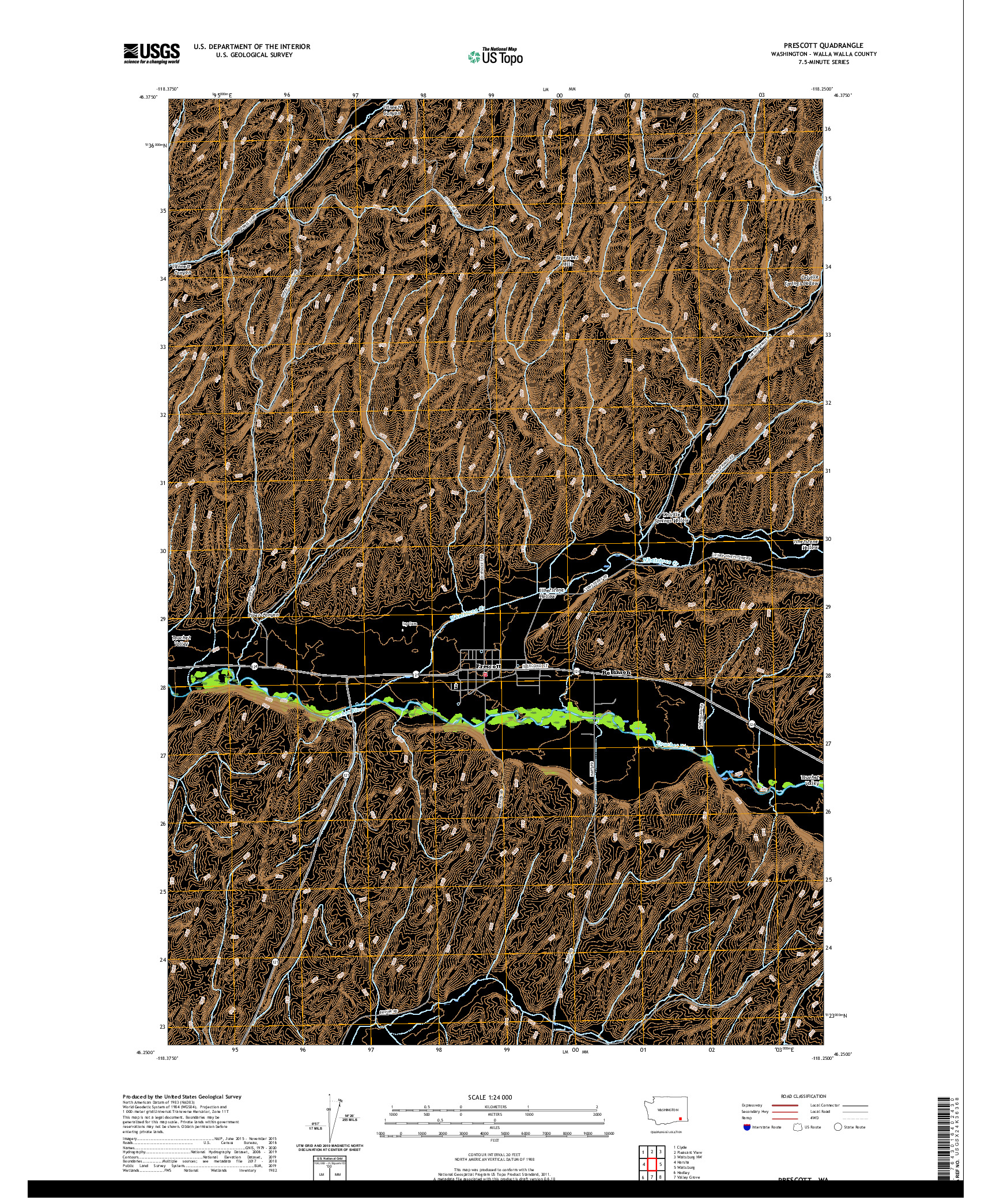 USGS US TOPO 7.5-MINUTE MAP FOR PRESCOTT, WA 2020