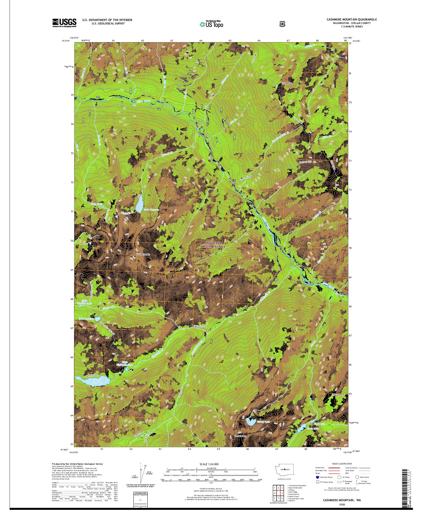 USGS US TOPO 7.5-MINUTE MAP FOR CASHMERE MOUNTAIN, WA 2020