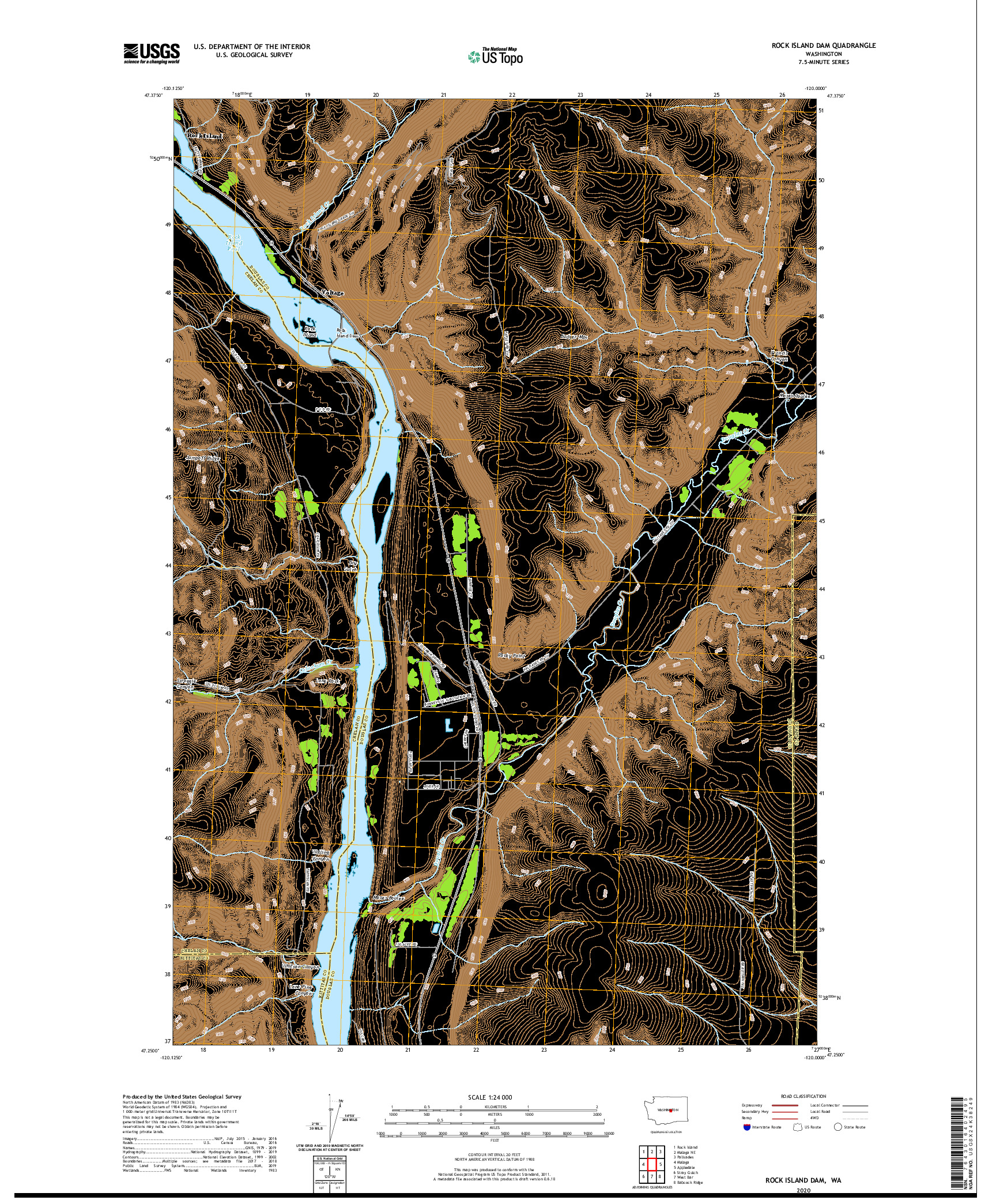 USGS US TOPO 7.5-MINUTE MAP FOR ROCK ISLAND DAM, WA 2020
