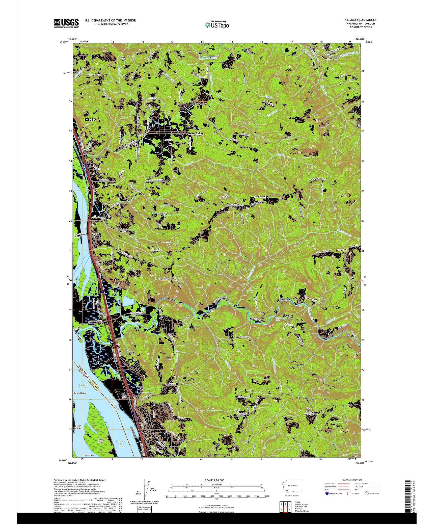 USGS US TOPO 7.5-MINUTE MAP FOR KALAMA, WA,OR 2020