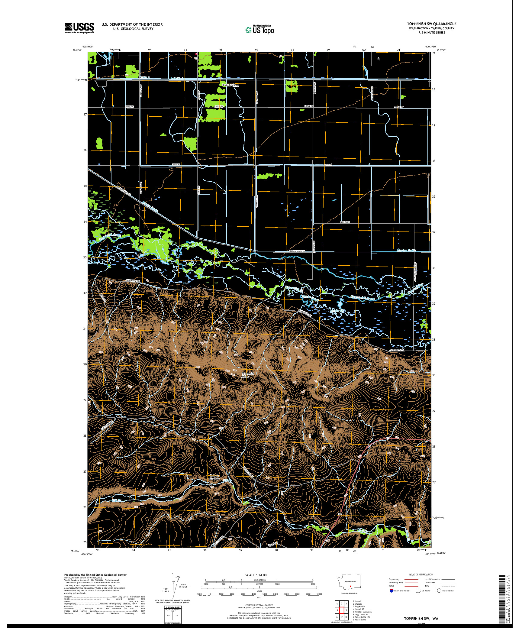 USGS US TOPO 7.5-MINUTE MAP FOR TOPPENISH SW, WA 2020