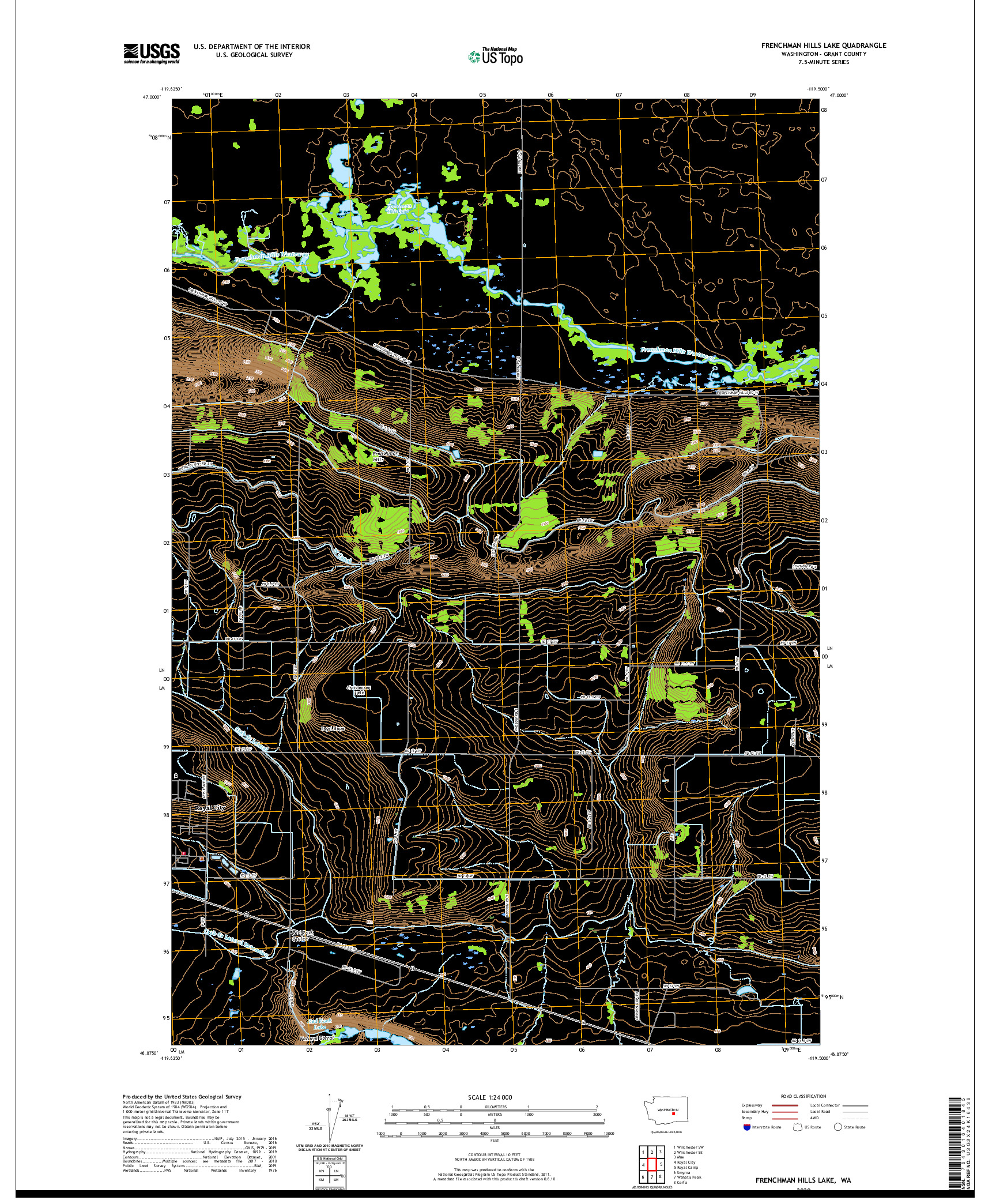 USGS US TOPO 7.5-MINUTE MAP FOR FRENCHMAN HILLS LAKE, WA 2020