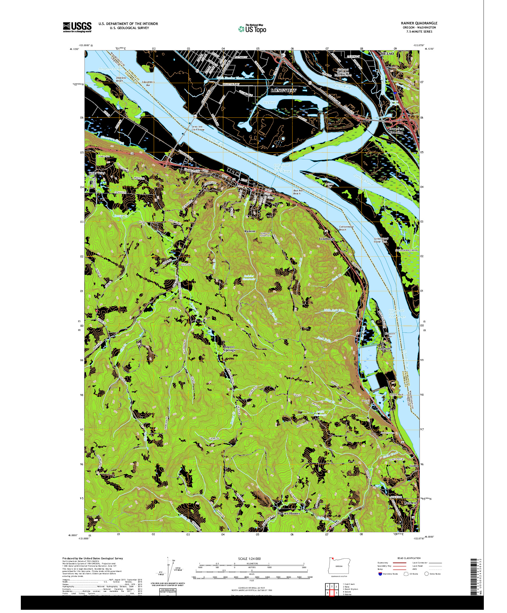 USGS US TOPO 7.5-MINUTE MAP FOR RAINIER, OR,WA 2020