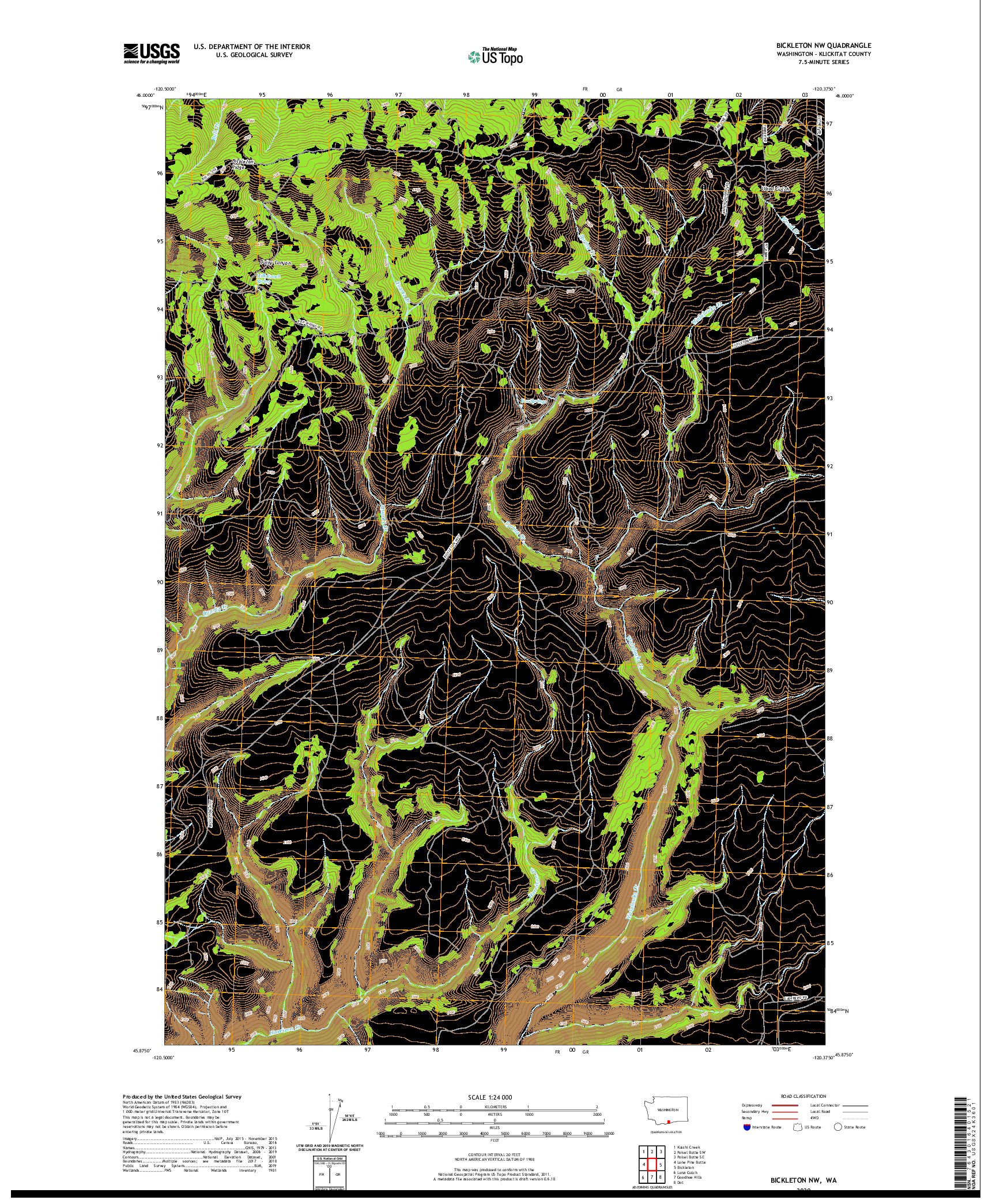 USGS US TOPO 7.5-MINUTE MAP FOR BICKLETON NW, WA 2020