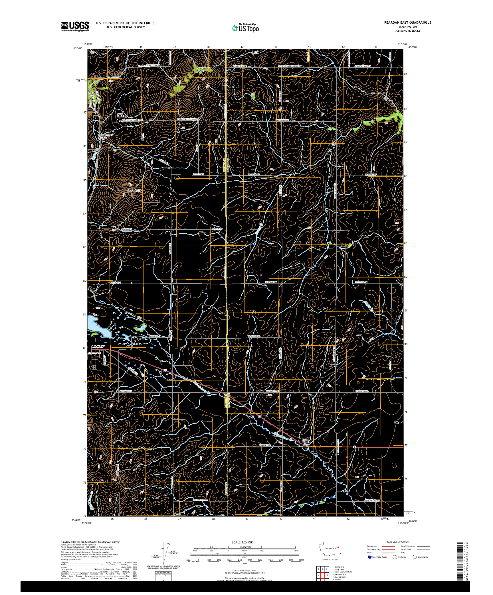 USGS US TOPO 7.5-MINUTE MAP FOR REARDAN EAST, WA 2020