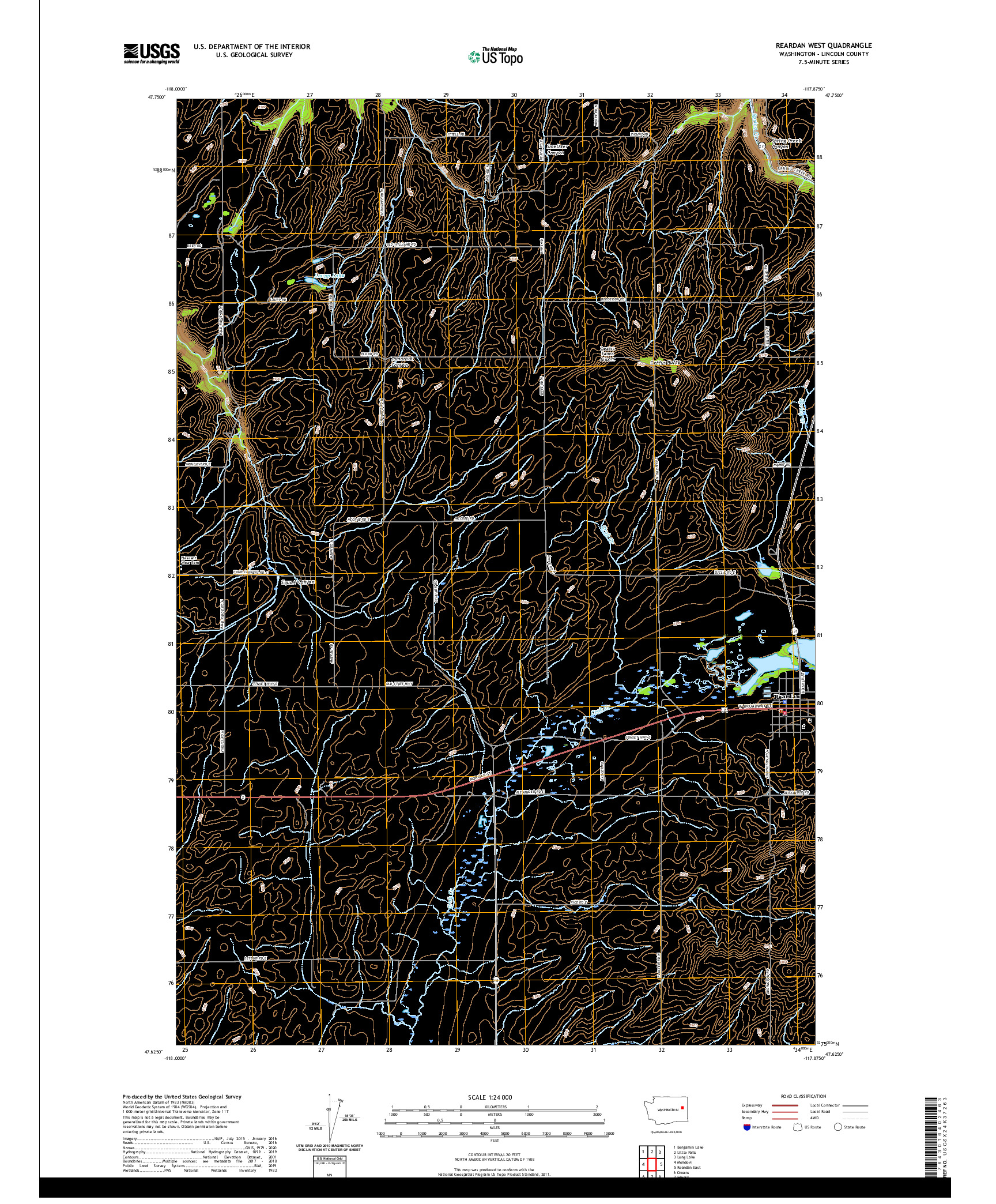USGS US TOPO 7.5-MINUTE MAP FOR REARDAN WEST, WA 2020