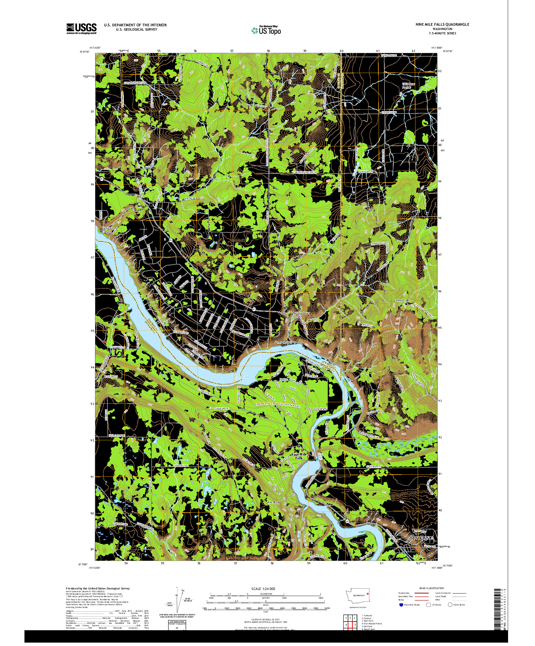 USGS US TOPO 7.5-MINUTE MAP FOR NINE MILE FALLS, WA 2020