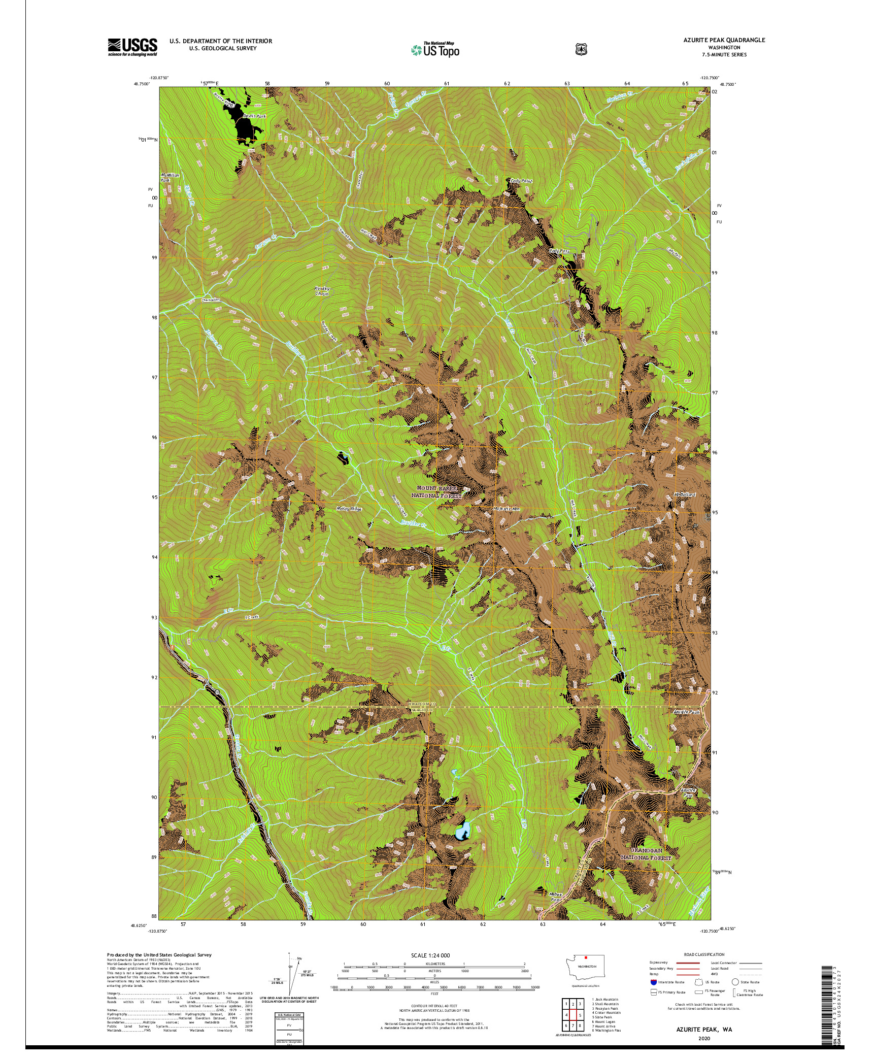 USGS US TOPO 7.5-MINUTE MAP FOR AZURITE PEAK, WA 2020