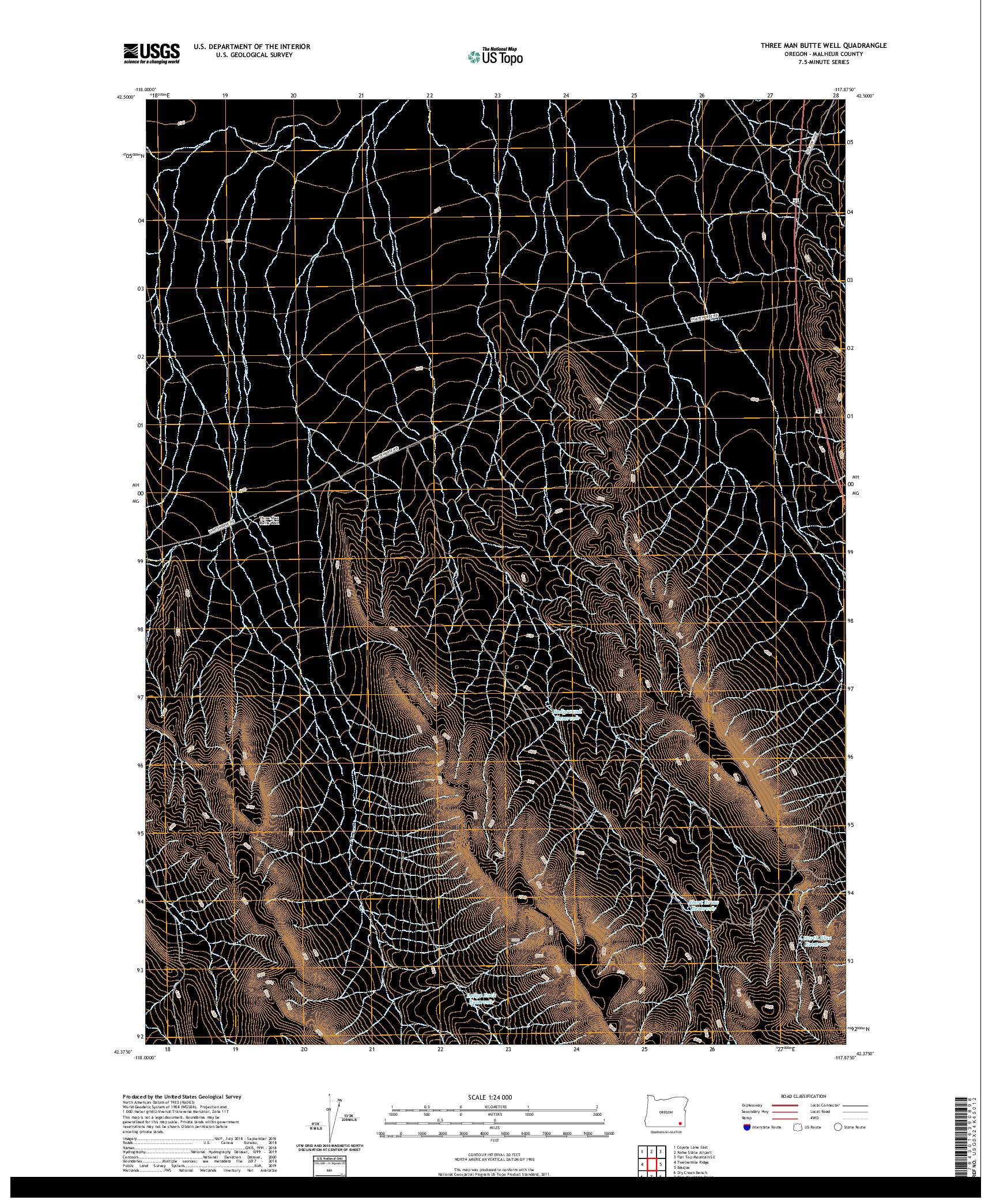 USGS US TOPO 7.5-MINUTE MAP FOR THREE MAN BUTTE WELL, OR 2020