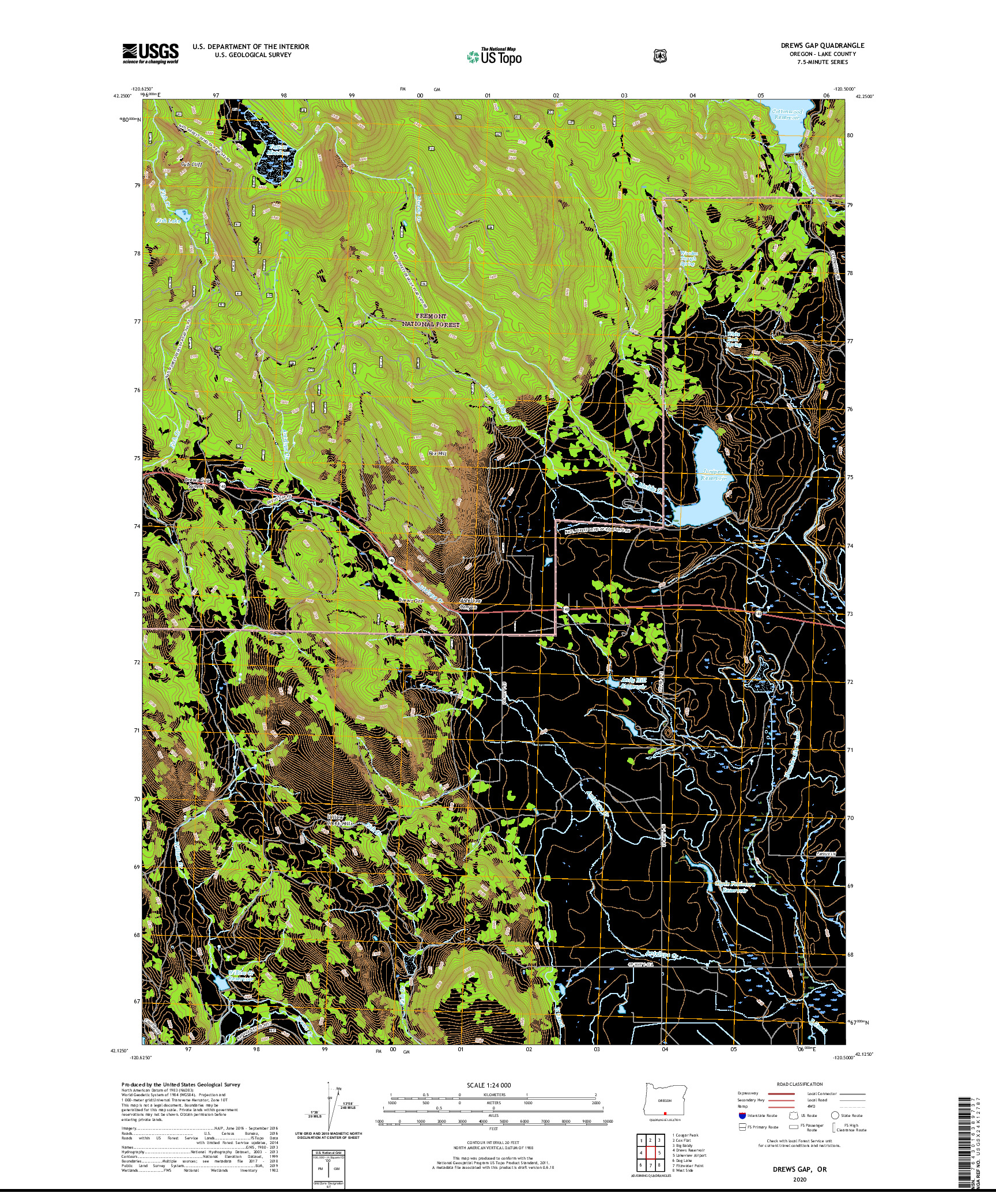 USGS US TOPO 7.5-MINUTE MAP FOR DREWS GAP, OR 2020