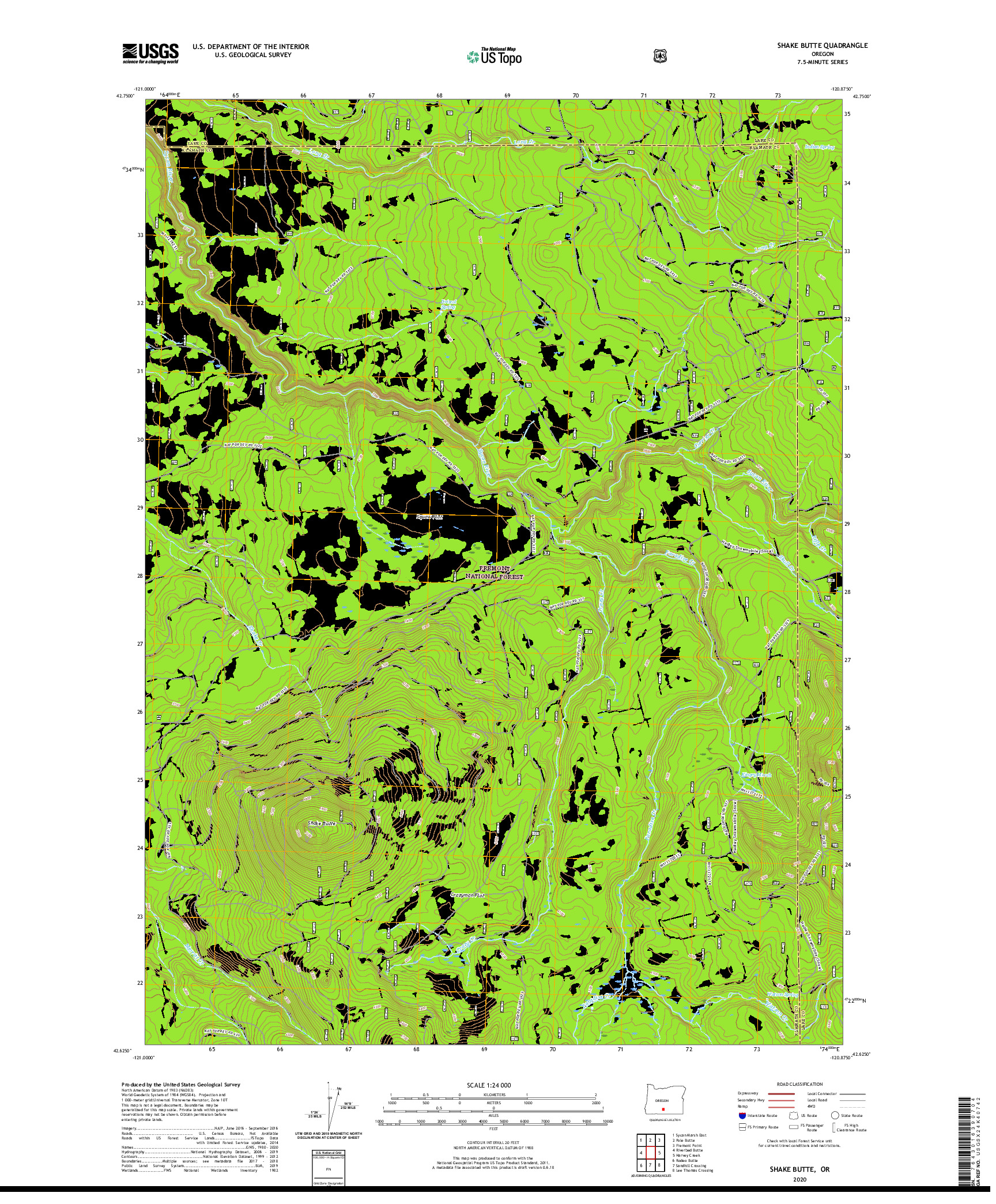 USGS US TOPO 7.5-MINUTE MAP FOR SHAKE BUTTE, OR 2020