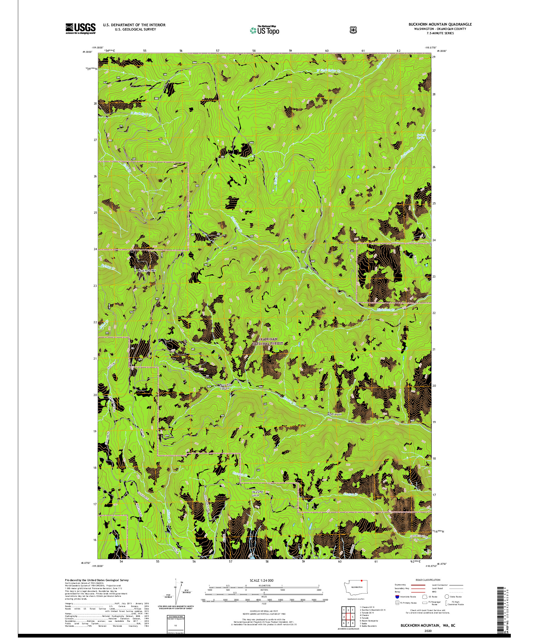 USGS US TOPO 7.5-MINUTE MAP FOR BUCKHORN MOUNTAIN, WA,BC 2020