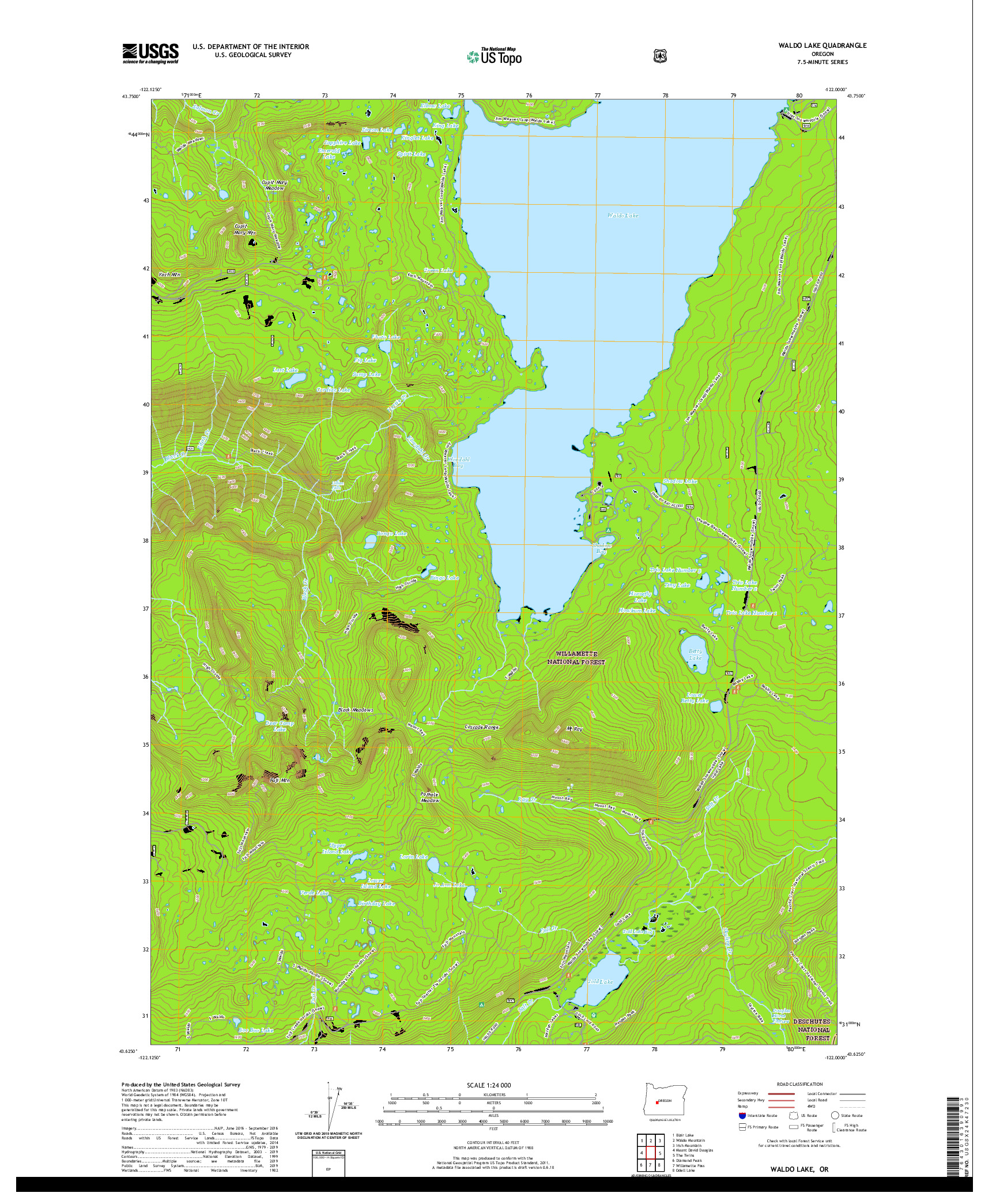 USGS US TOPO 7.5-MINUTE MAP FOR WALDO LAKE, OR 2020