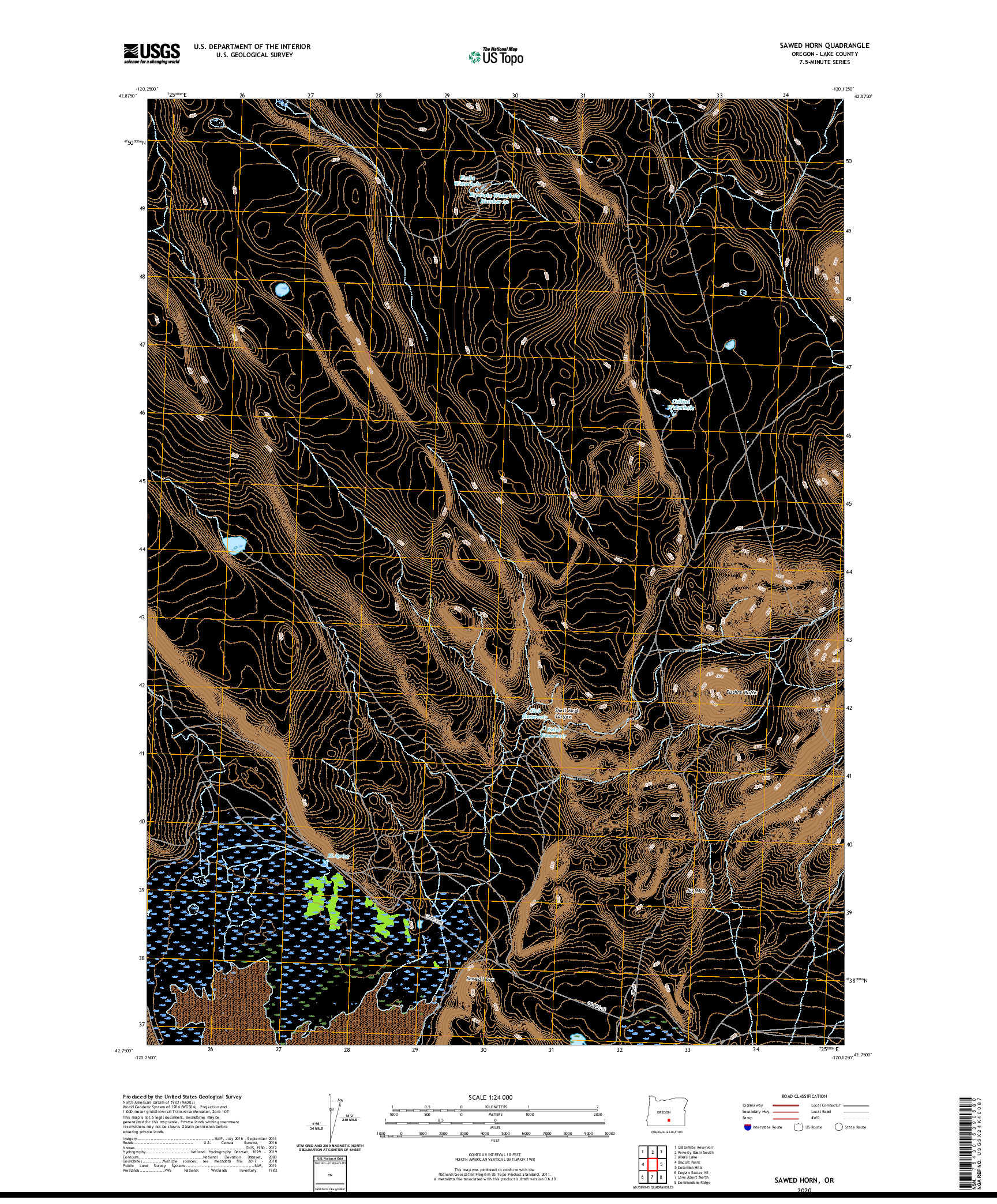 USGS US TOPO 7.5-MINUTE MAP FOR SAWED HORN, OR 2020