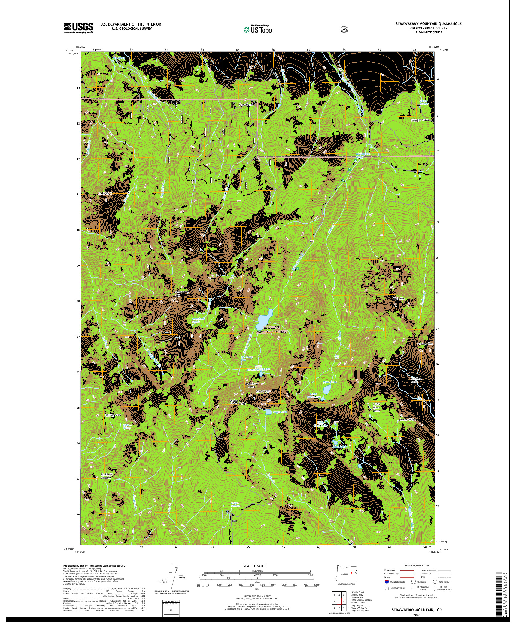 USGS US TOPO 7.5-MINUTE MAP FOR STRAWBERRY MOUNTAIN, OR 2020