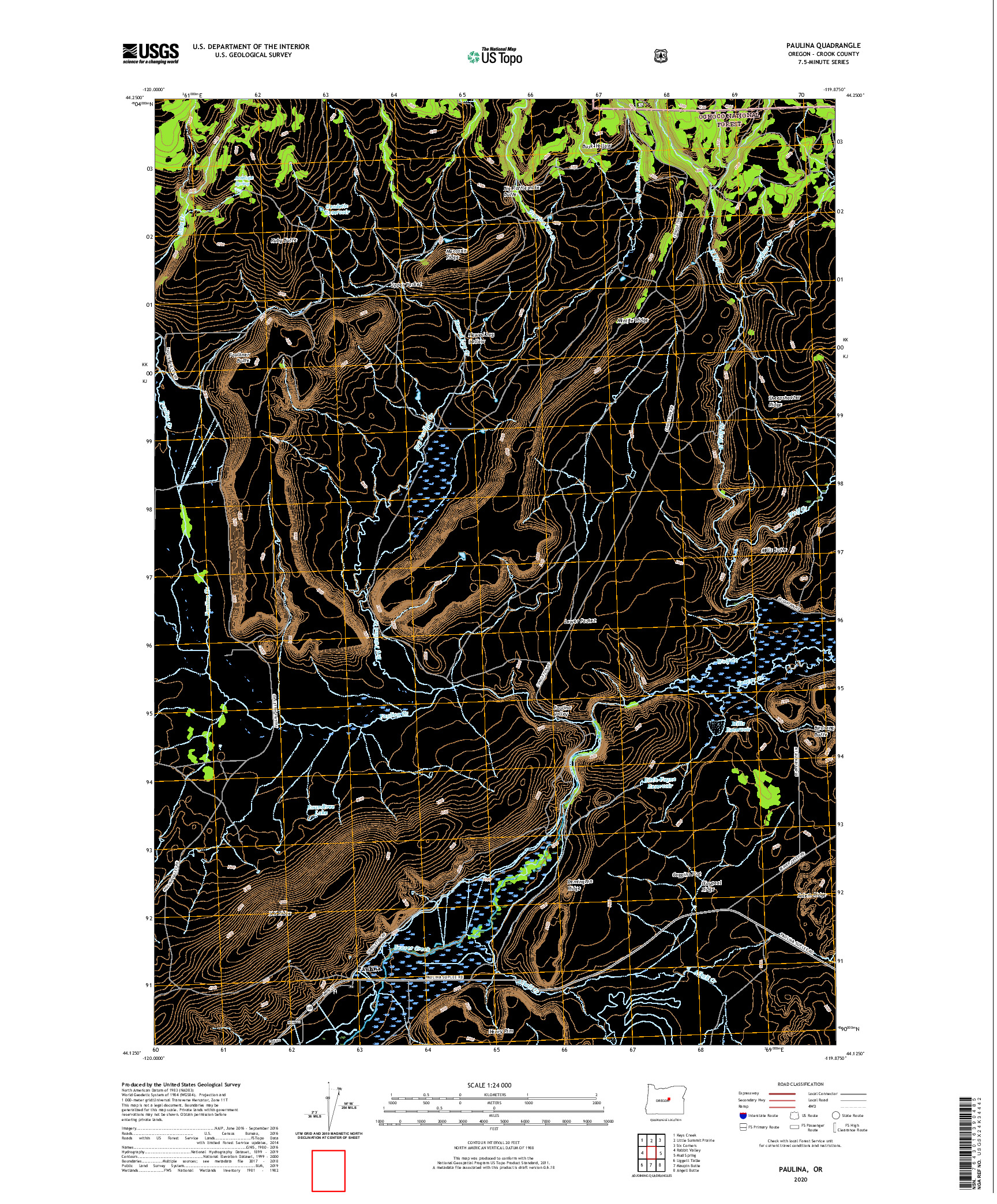 USGS US TOPO 7.5-MINUTE MAP FOR PAULINA, OR 2020