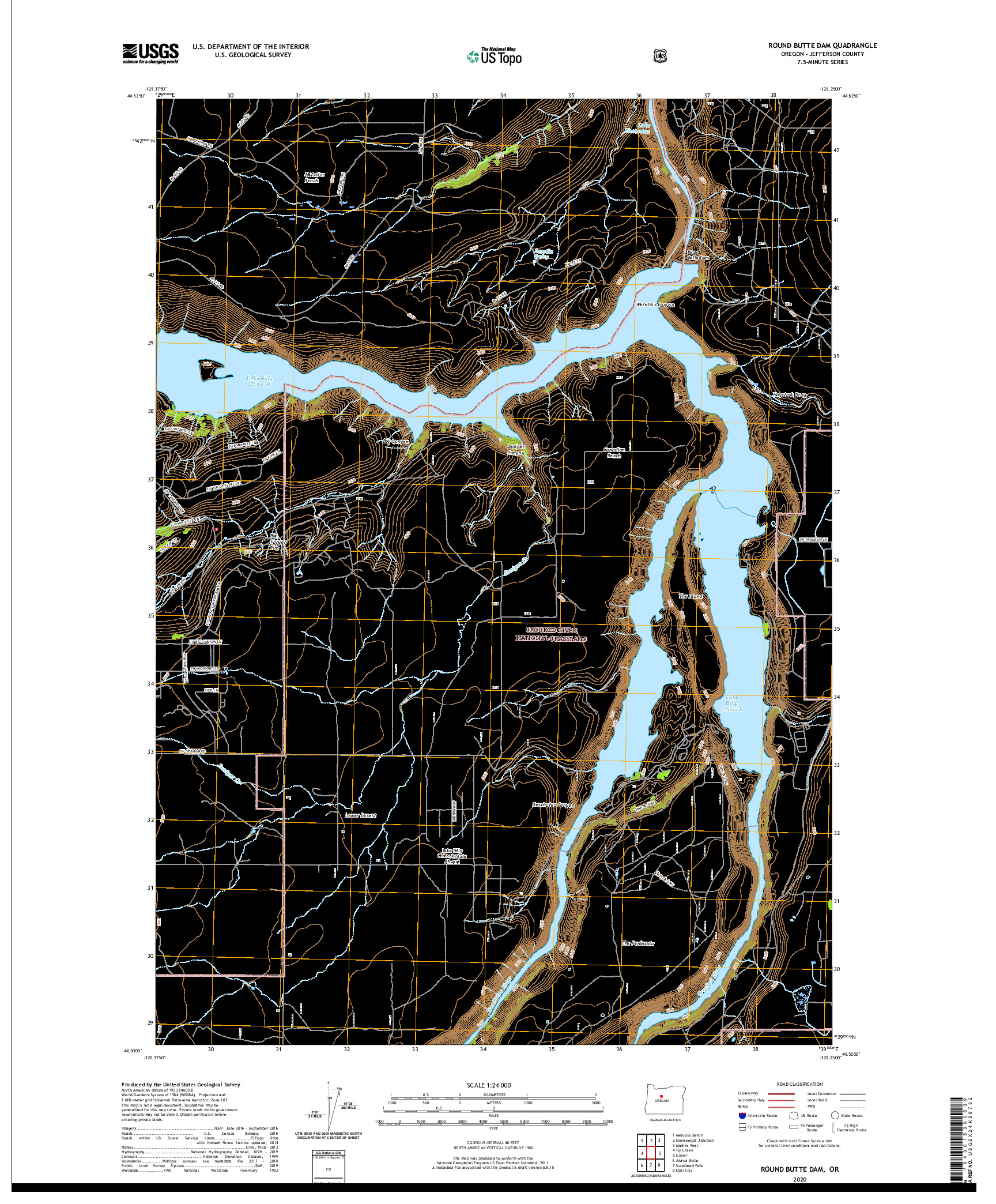 USGS US TOPO 7.5-MINUTE MAP FOR ROUND BUTTE DAM, OR 2020