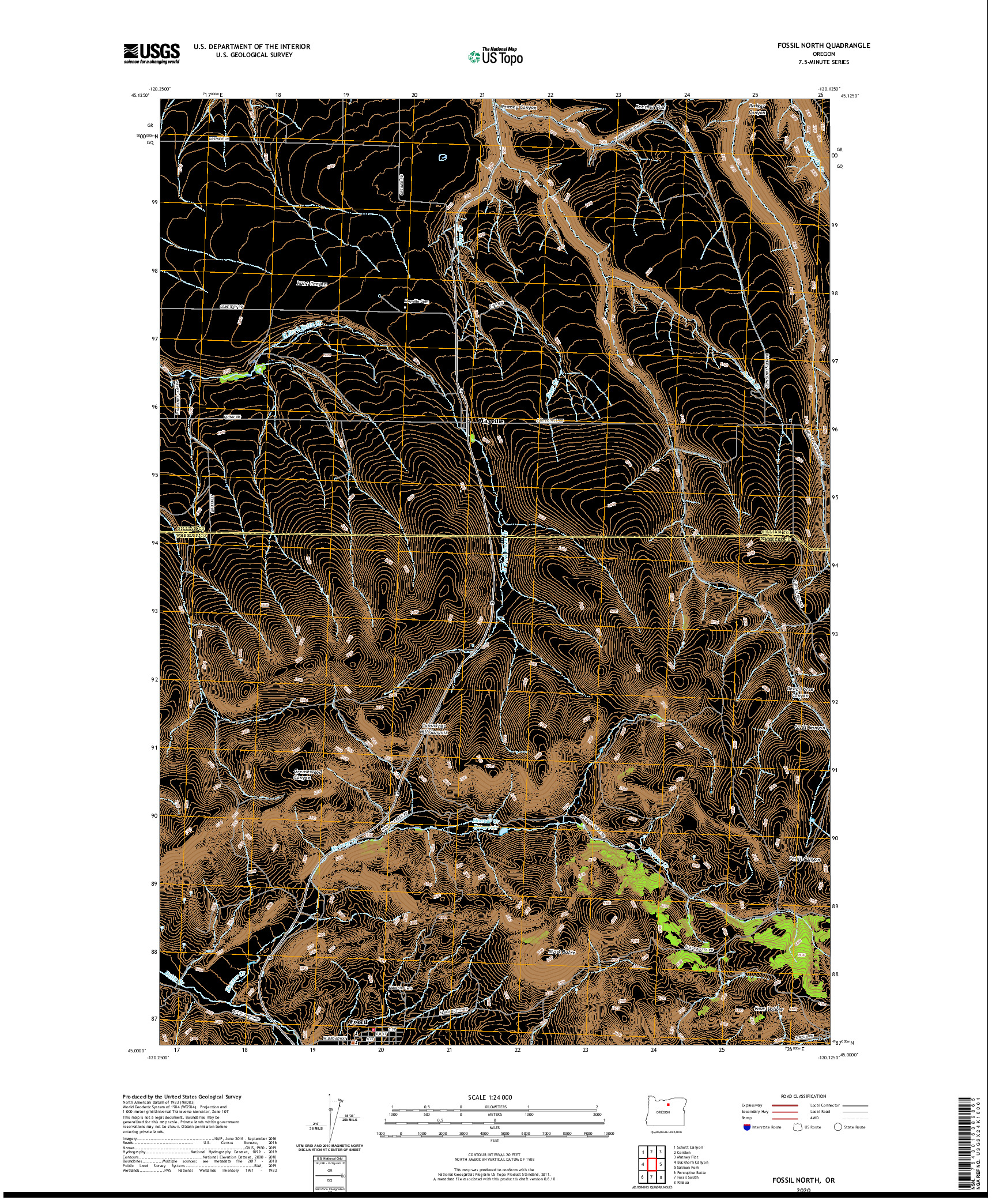 USGS US TOPO 7.5-MINUTE MAP FOR FOSSIL NORTH, OR 2020