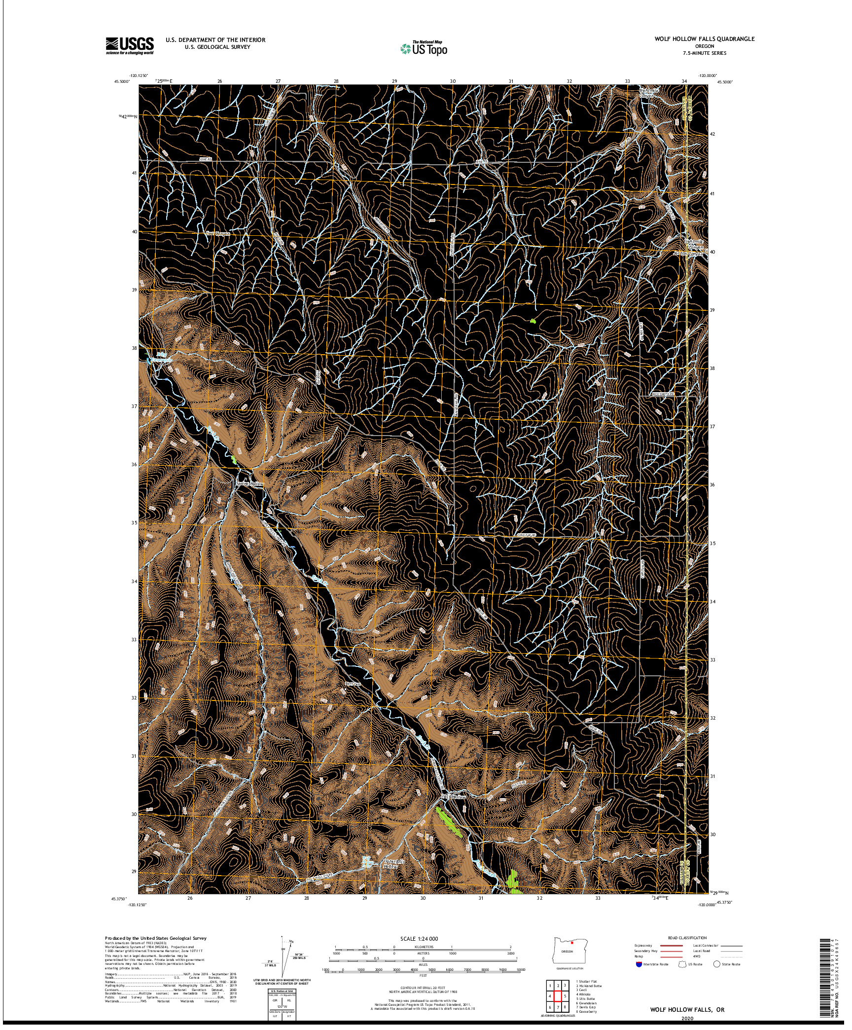 USGS US TOPO 7.5-MINUTE MAP FOR WOLF HOLLOW FALLS, OR 2020