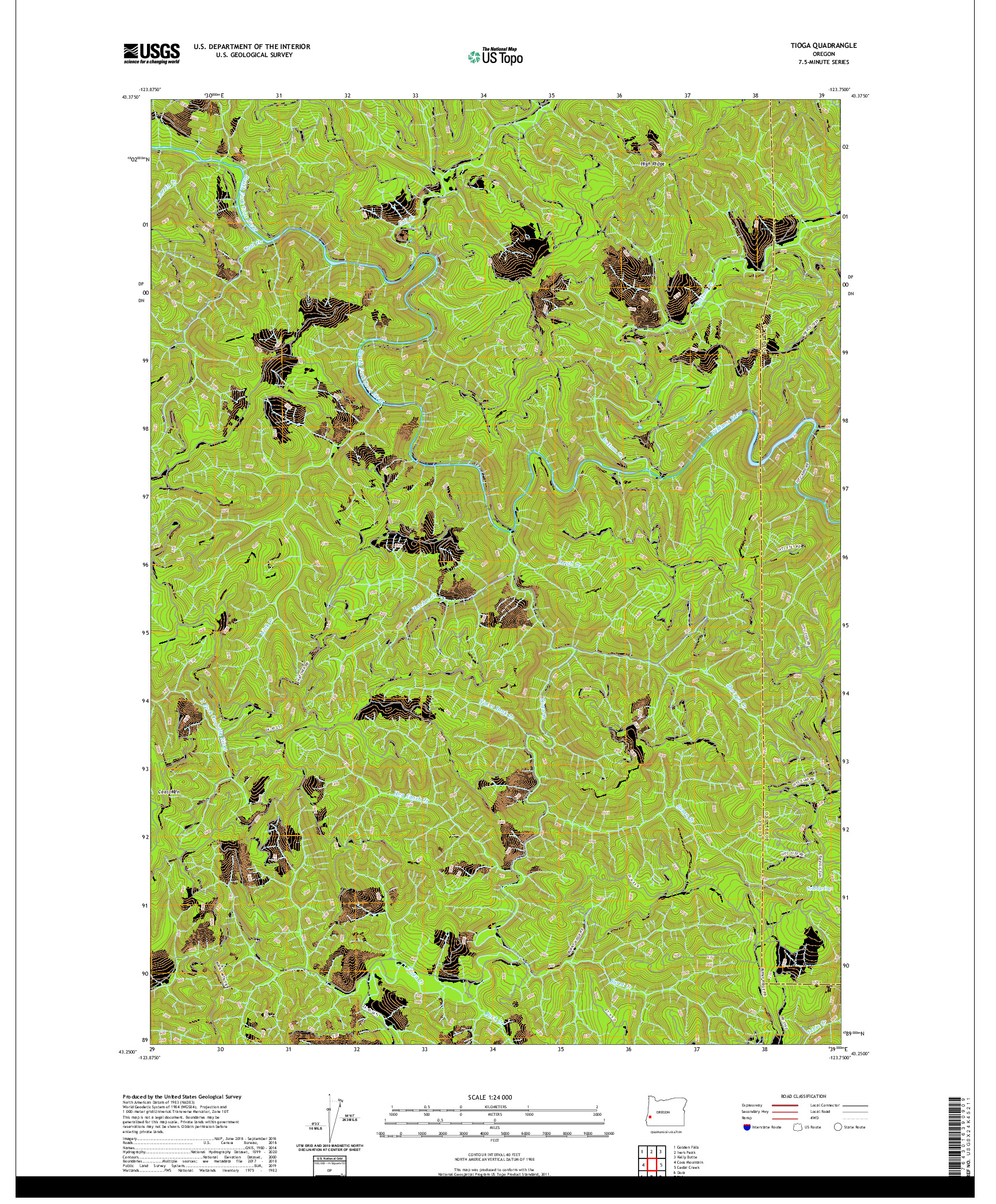 USGS US TOPO 7.5-MINUTE MAP FOR TIOGA, OR 2020