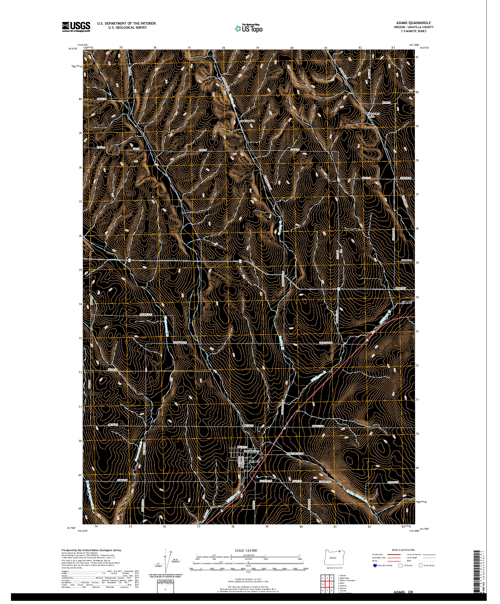 USGS US TOPO 7.5-MINUTE MAP FOR ADAMS, OR 2020