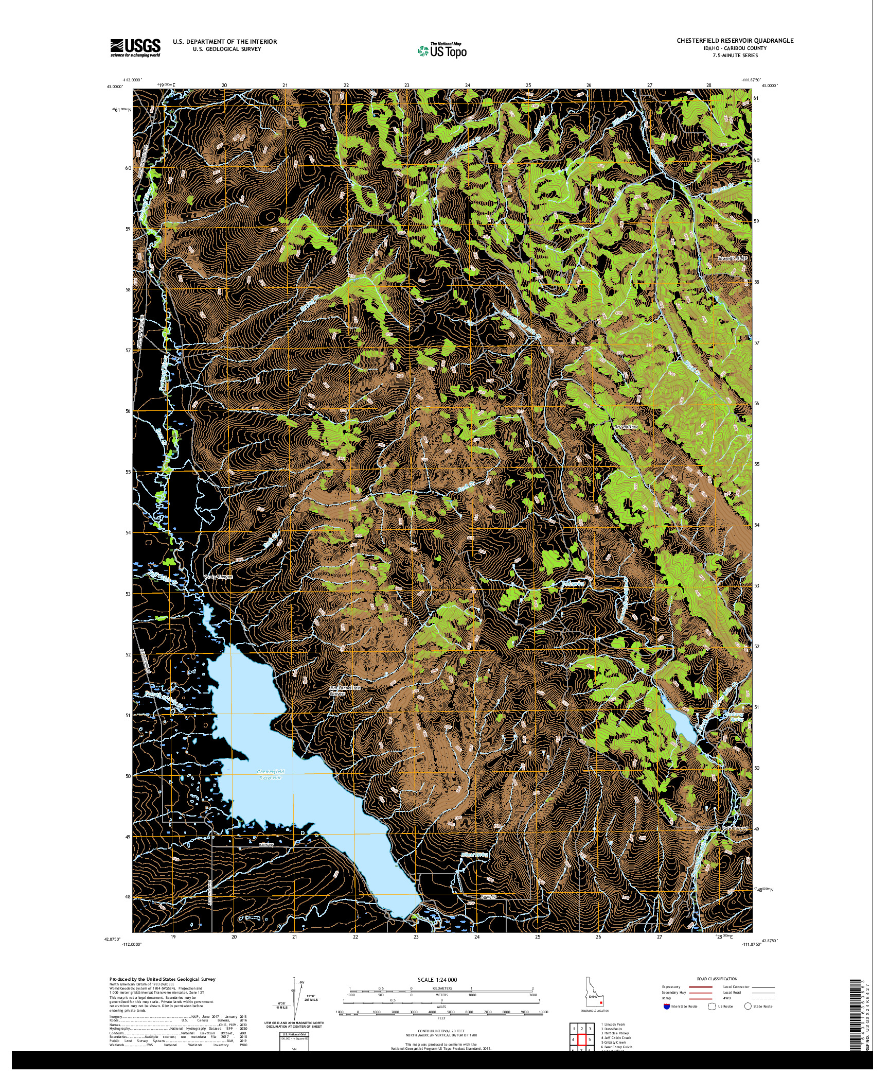 USGS US TOPO 7.5-MINUTE MAP FOR CHESTERFIELD RESERVOIR, ID 2020