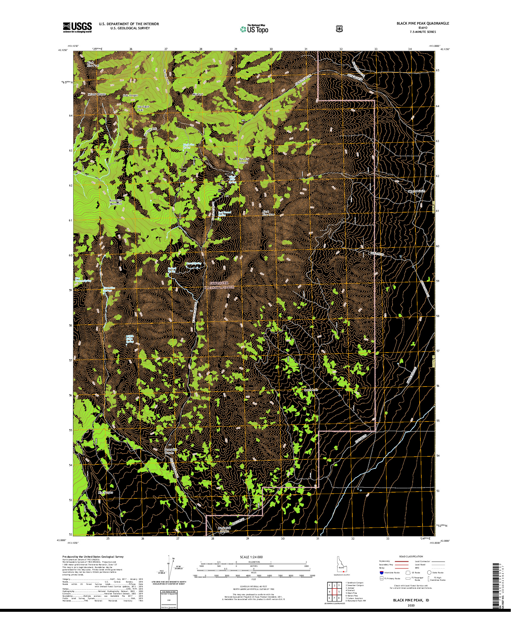 USGS US TOPO 7.5-MINUTE MAP FOR BLACK PINE PEAK, ID 2020