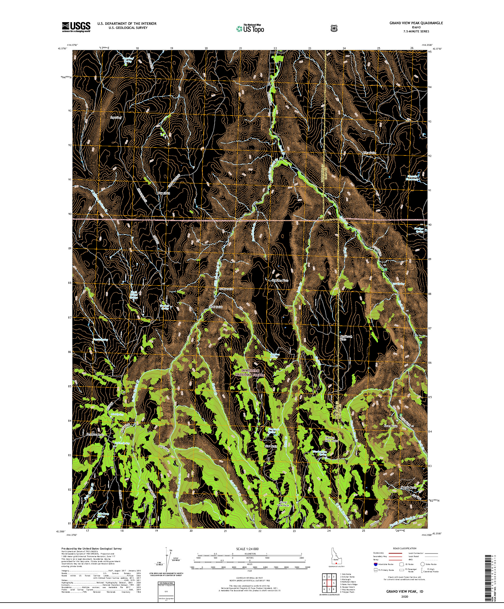 USGS US TOPO 7.5-MINUTE MAP FOR GRAND VIEW PEAK, ID 2020