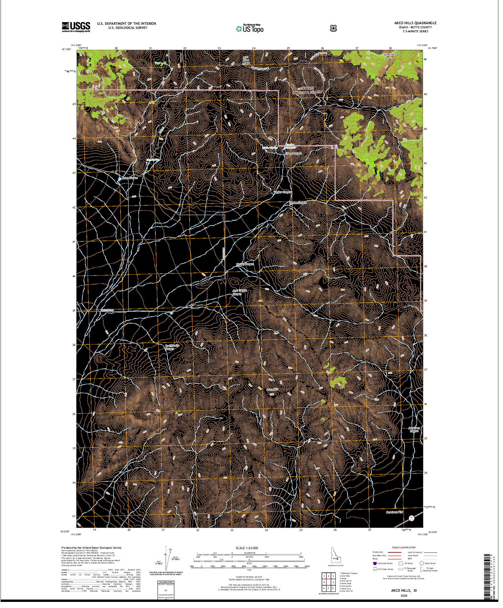 USGS US TOPO 7.5-MINUTE MAP FOR ARCO HILLS, ID 2020