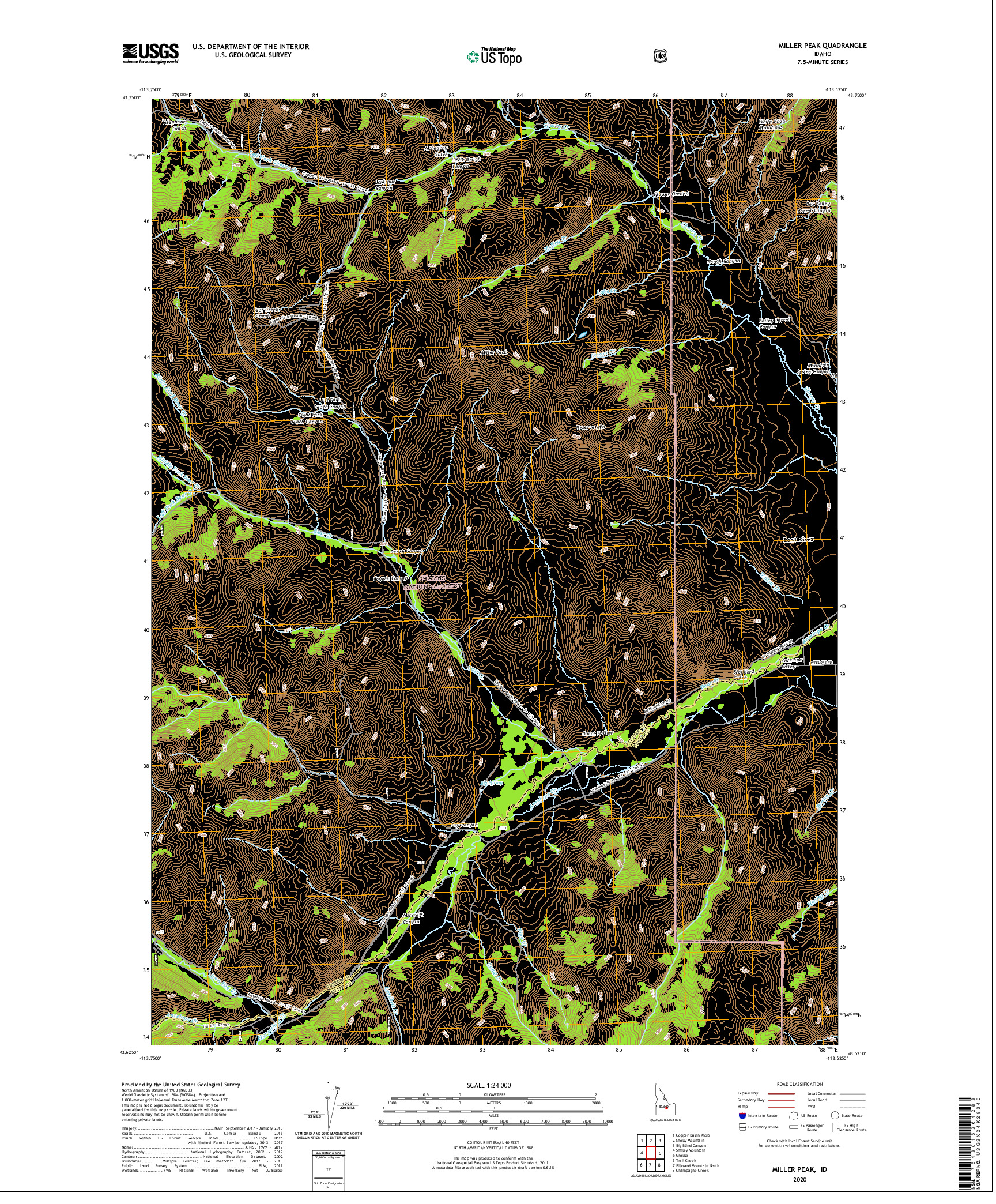 USGS US TOPO 7.5-MINUTE MAP FOR MILLER PEAK, ID 2020