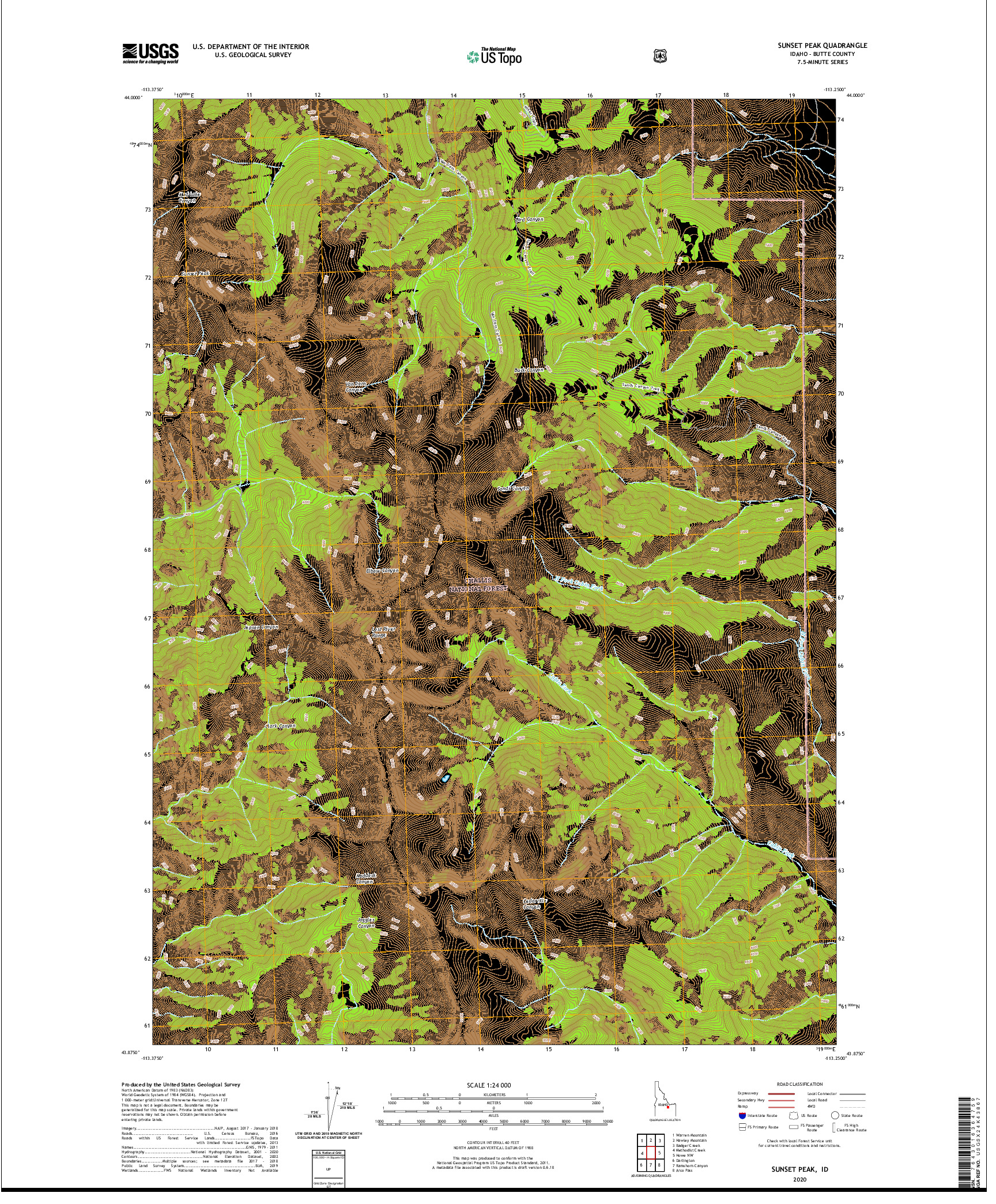 USGS US TOPO 7.5-MINUTE MAP FOR SUNSET PEAK, ID 2020