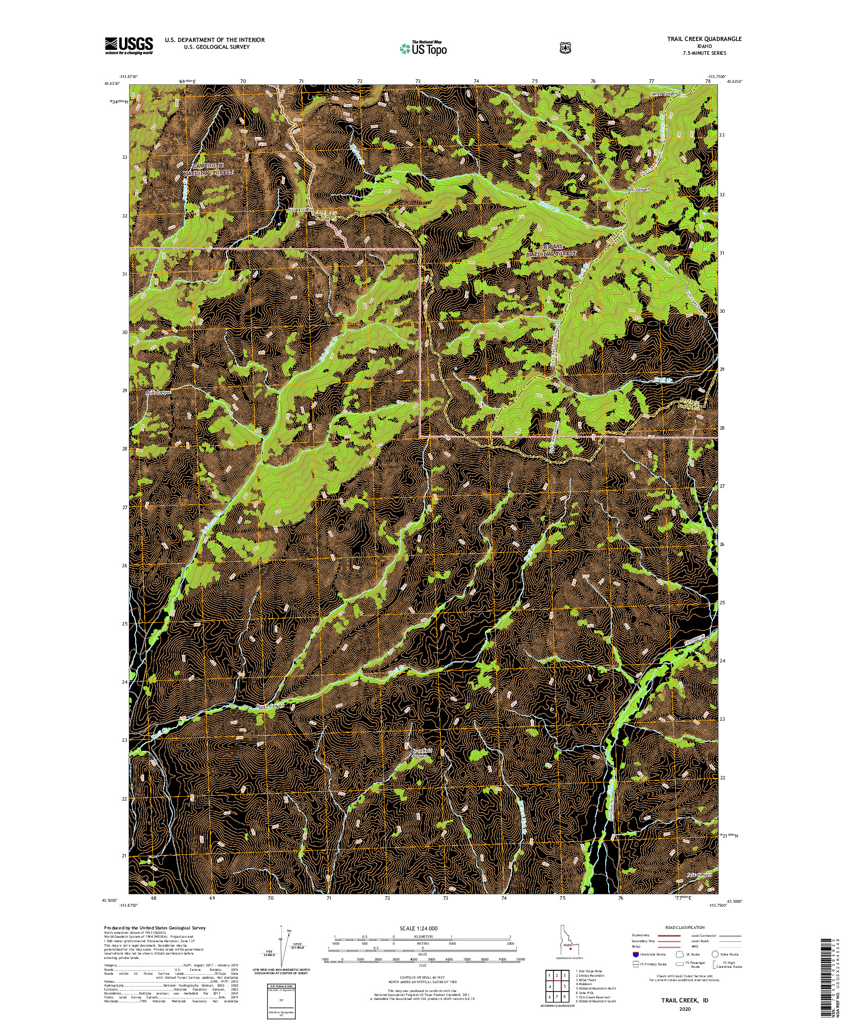 USGS US TOPO 7.5-MINUTE MAP FOR TRAIL CREEK, ID 2020