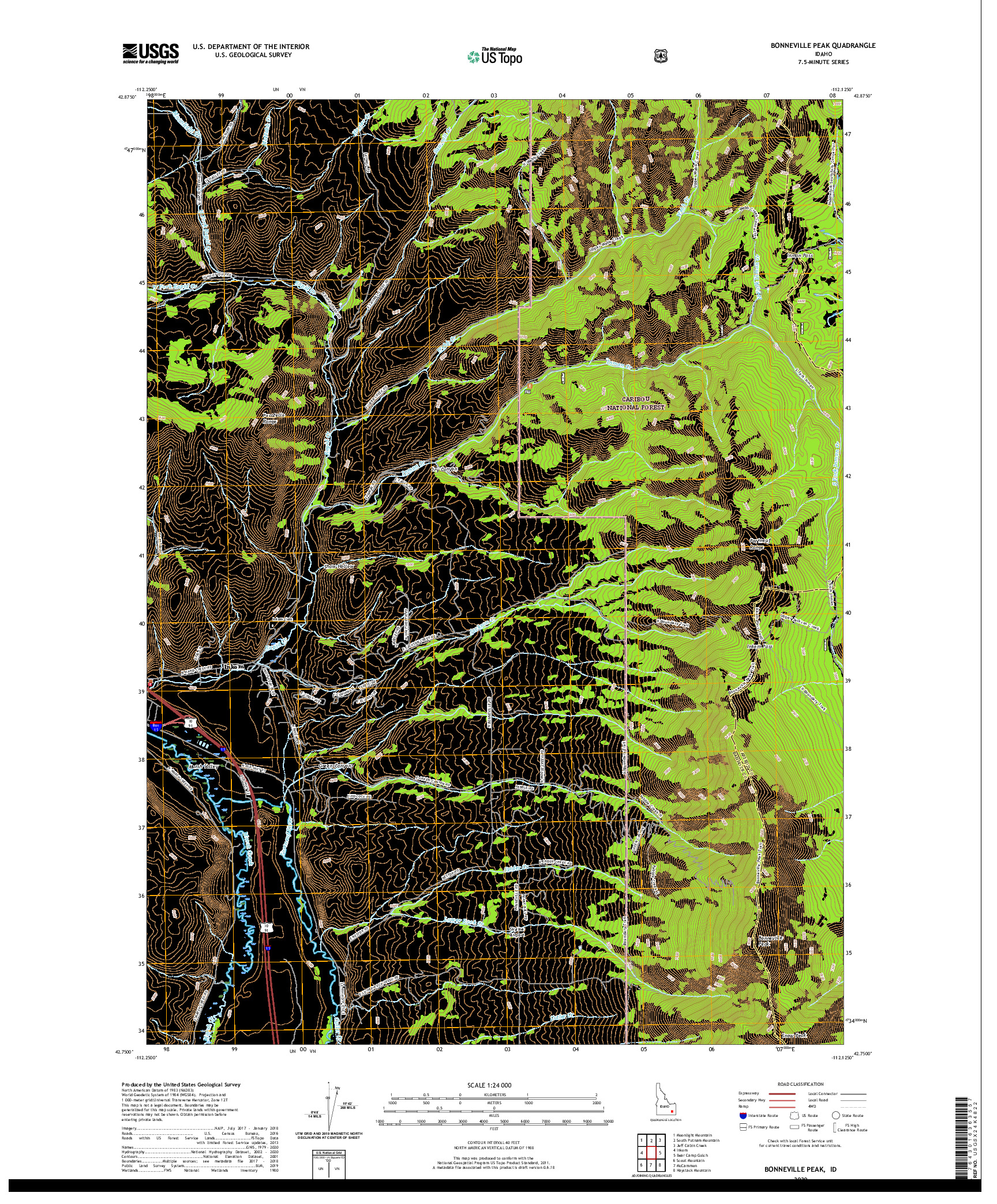 USGS US TOPO 7.5-MINUTE MAP FOR BONNEVILLE PEAK, ID 2020