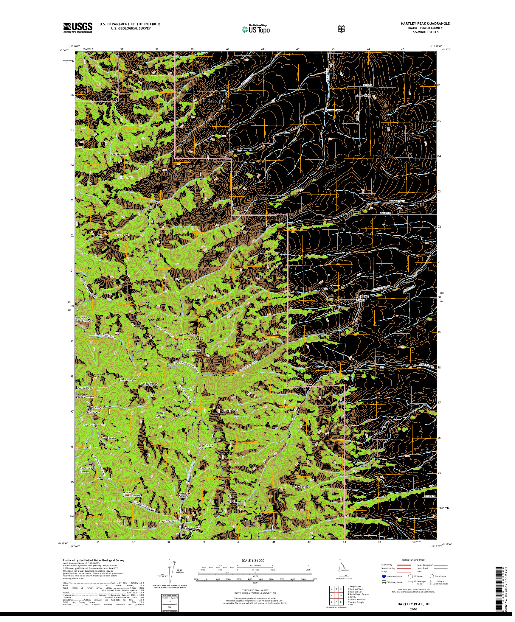 USGS US TOPO 7.5-MINUTE MAP FOR HARTLEY PEAK, ID 2020