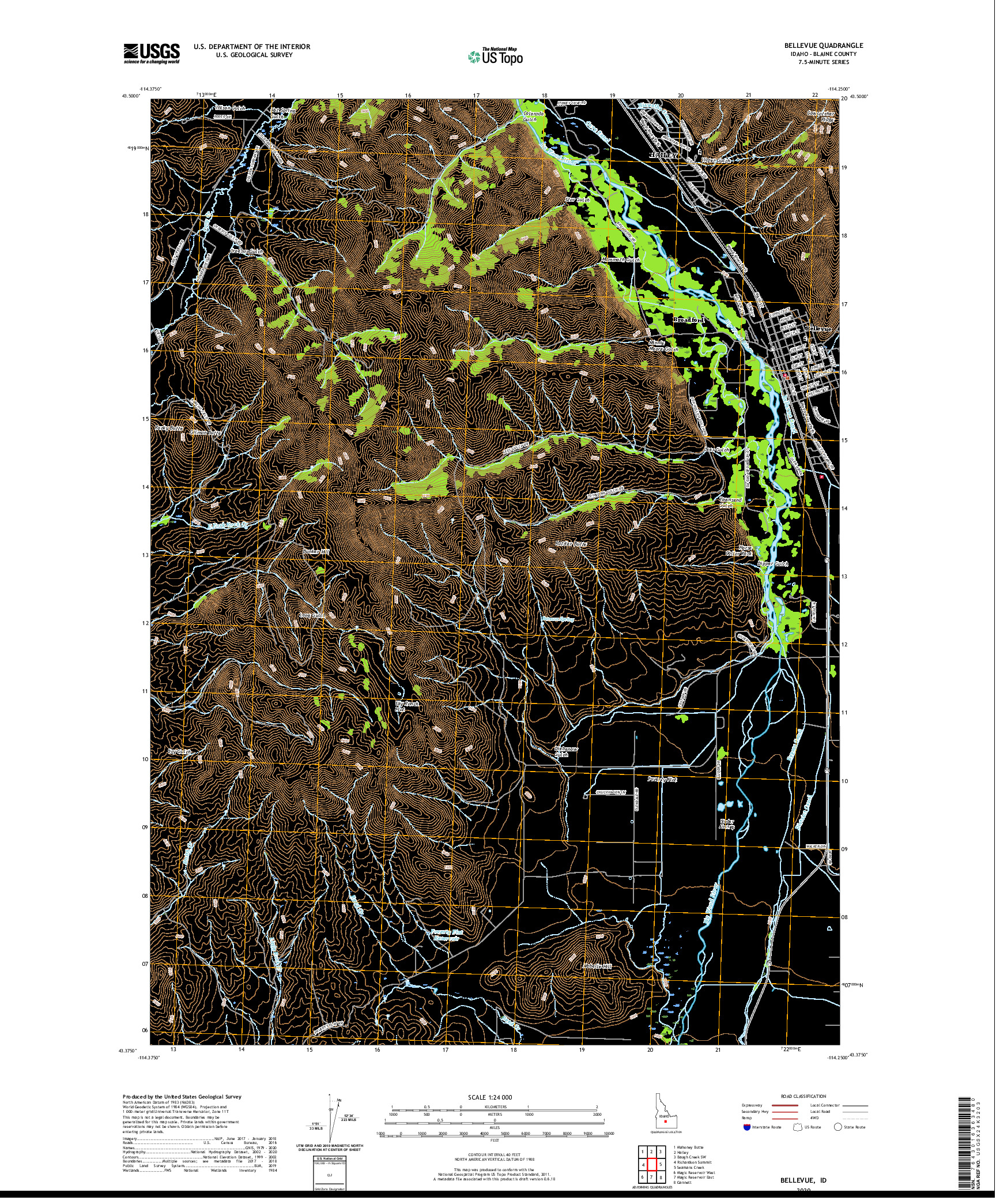 USGS US TOPO 7.5-MINUTE MAP FOR BELLEVUE, ID 2020