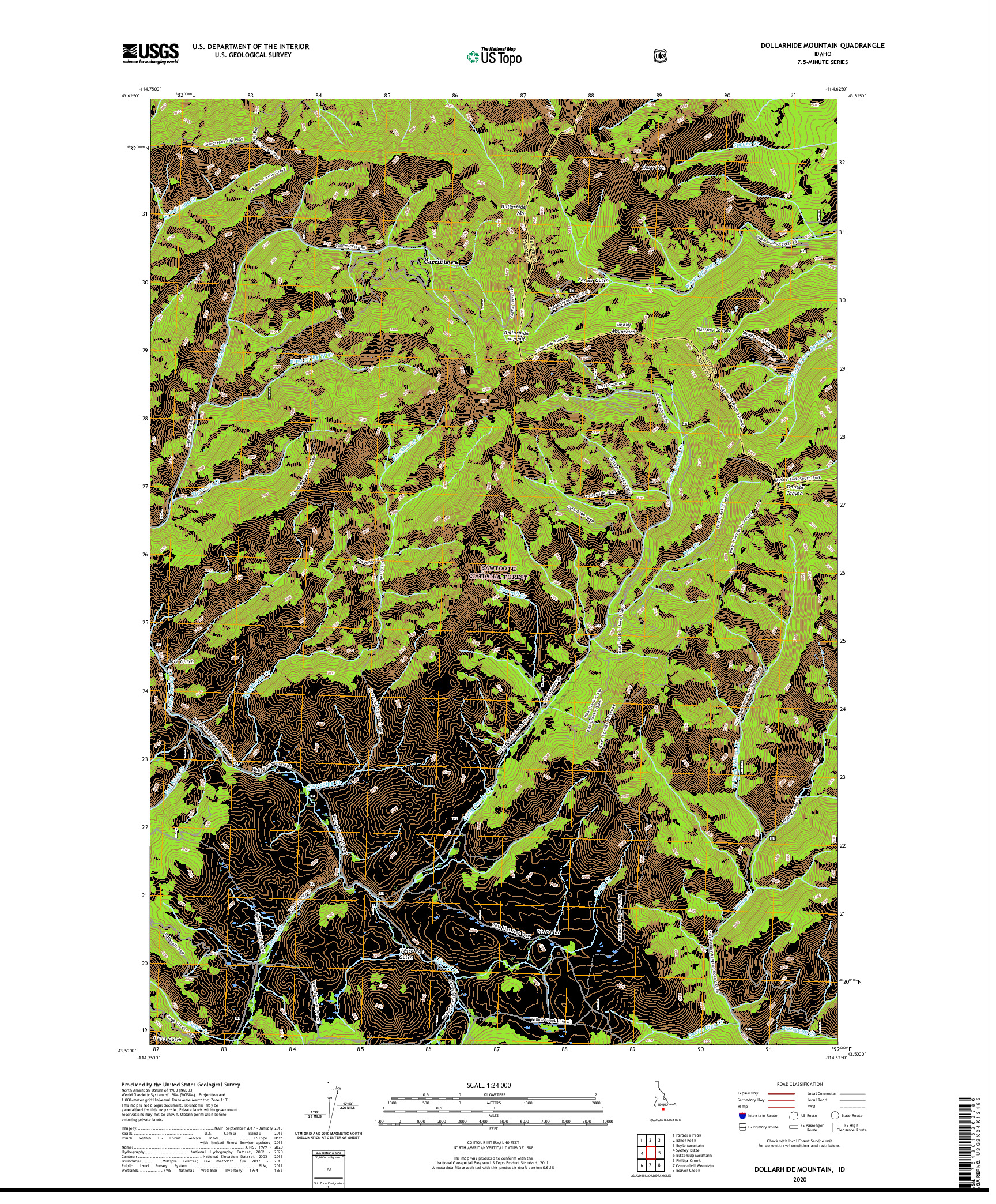 USGS US TOPO 7.5-MINUTE MAP FOR DOLLARHIDE MOUNTAIN, ID 2020