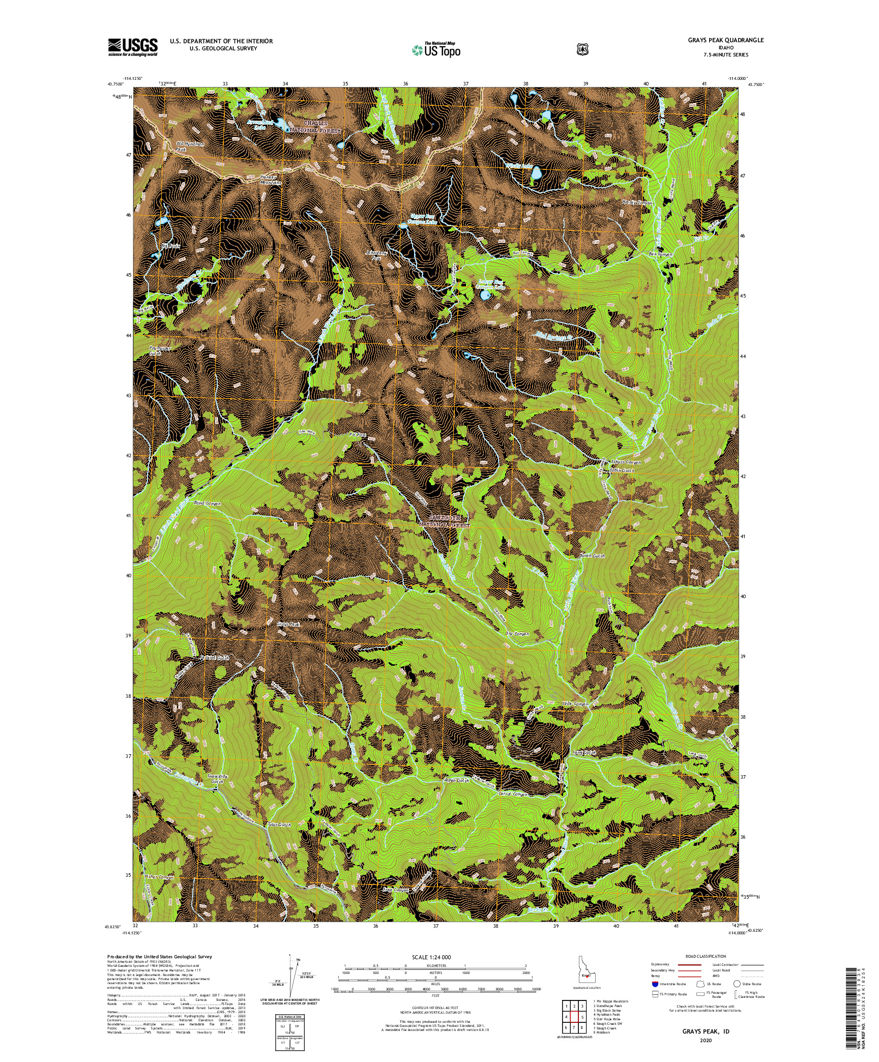 USGS US TOPO 7.5-MINUTE MAP FOR GRAYS PEAK, ID 2020