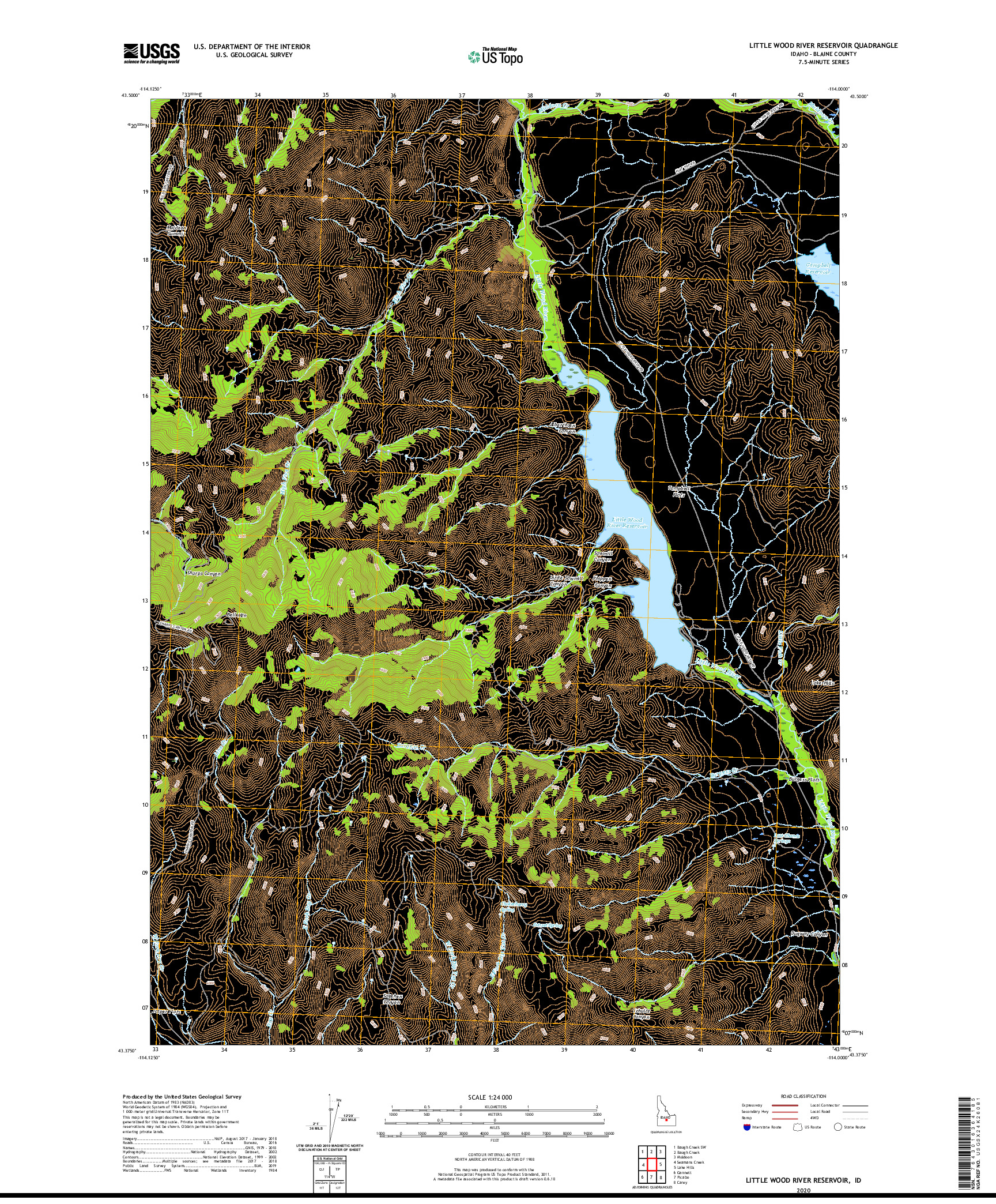 USGS US TOPO 7.5-MINUTE MAP FOR LITTLE WOOD RIVER RESERVOIR, ID 2020