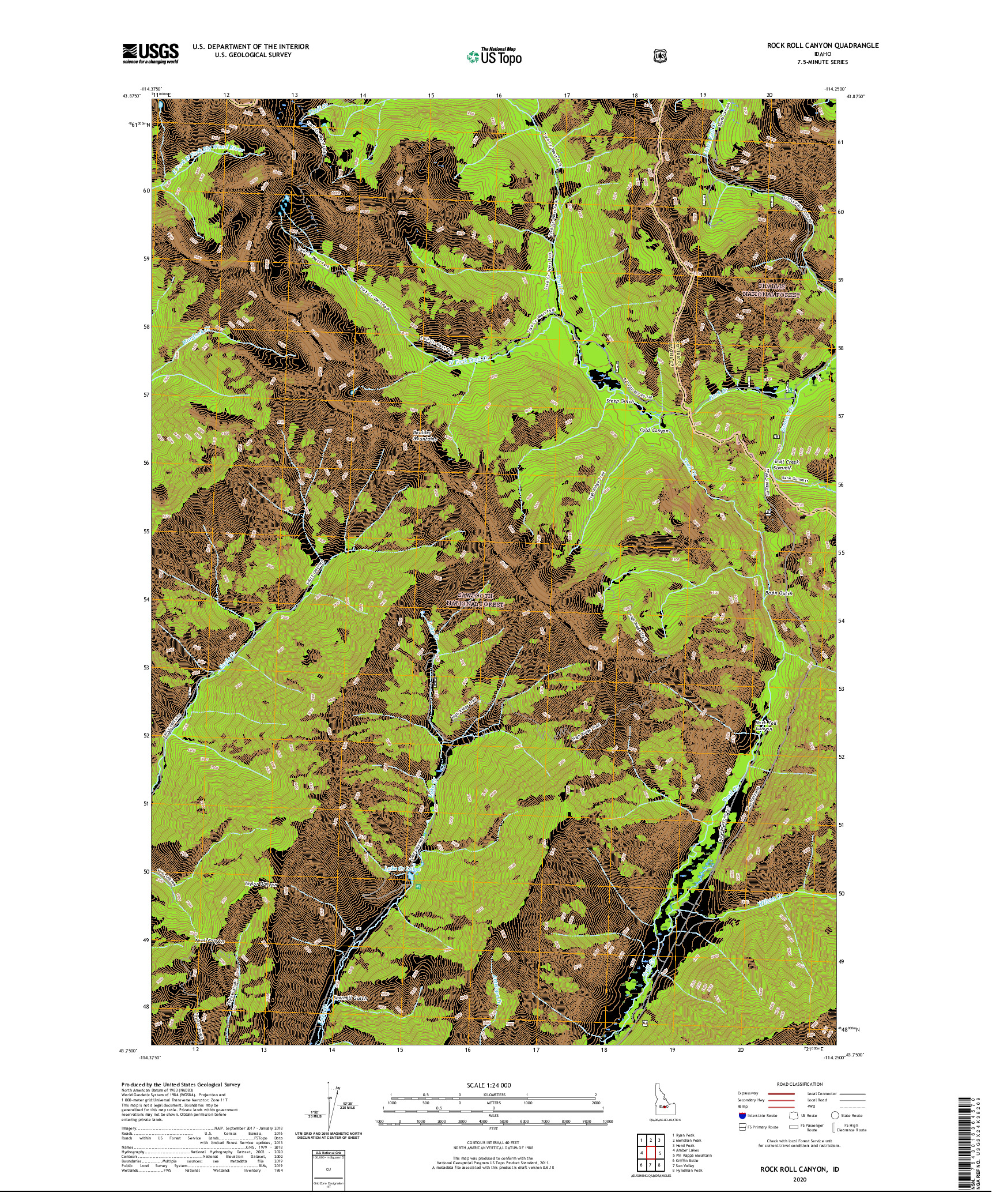 USGS US TOPO 7.5-MINUTE MAP FOR ROCK ROLL CANYON, ID 2020