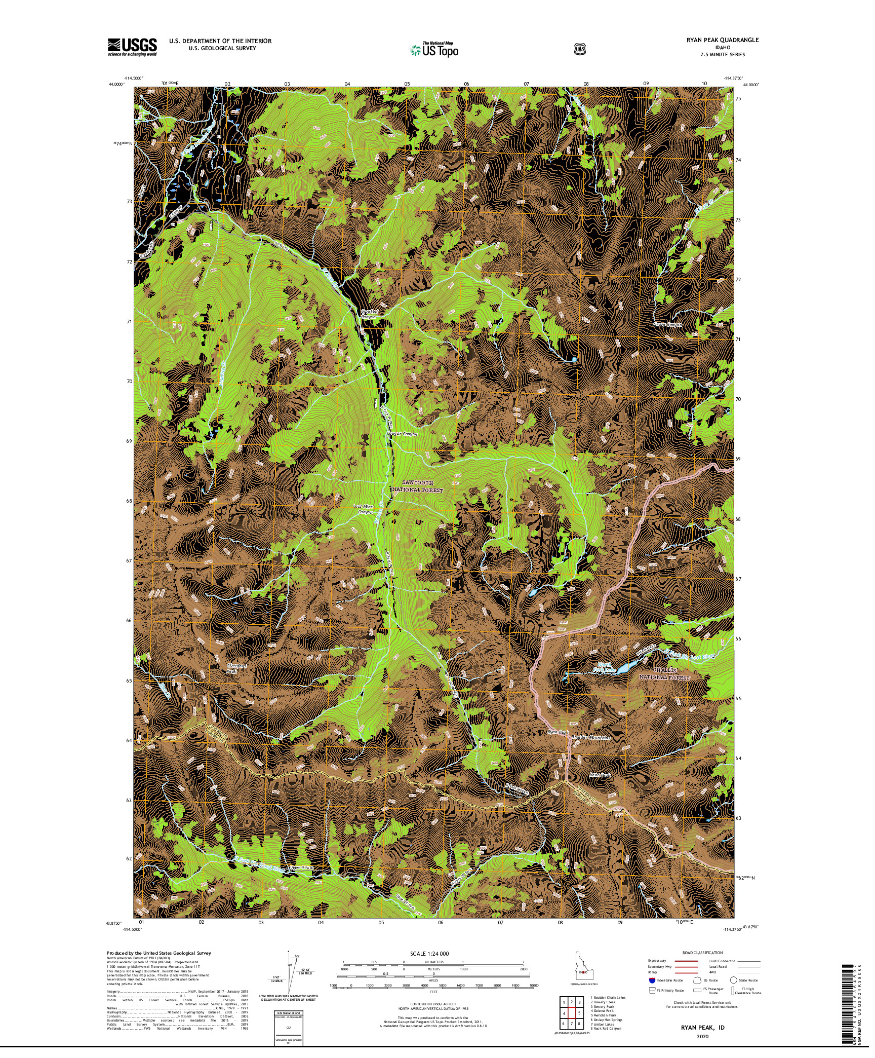 USGS US TOPO 7.5-MINUTE MAP FOR RYAN PEAK, ID 2020