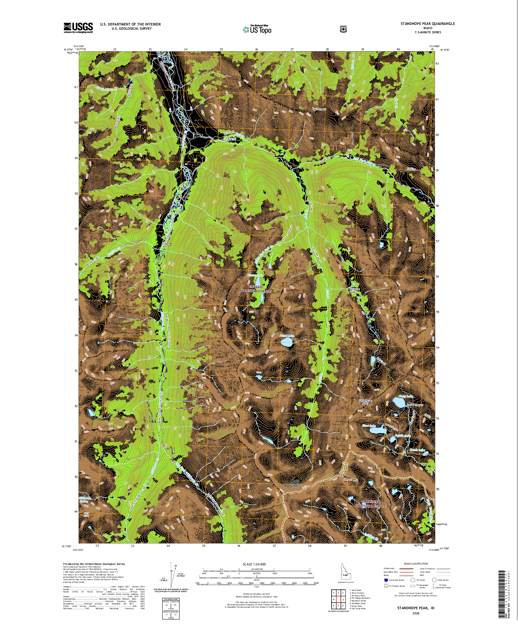 USGS US TOPO 7.5-MINUTE MAP FOR STANDHOPE PEAK, ID 2020