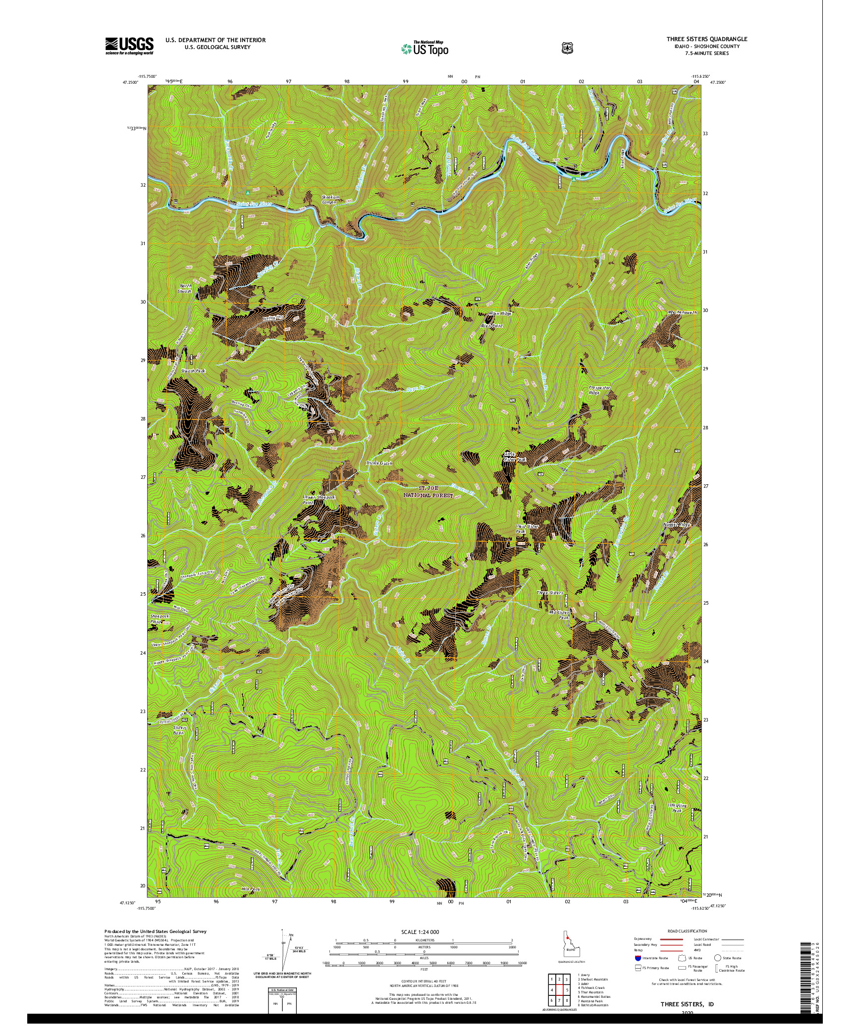 USGS US TOPO 7.5-MINUTE MAP FOR THREE SISTERS, ID 2020