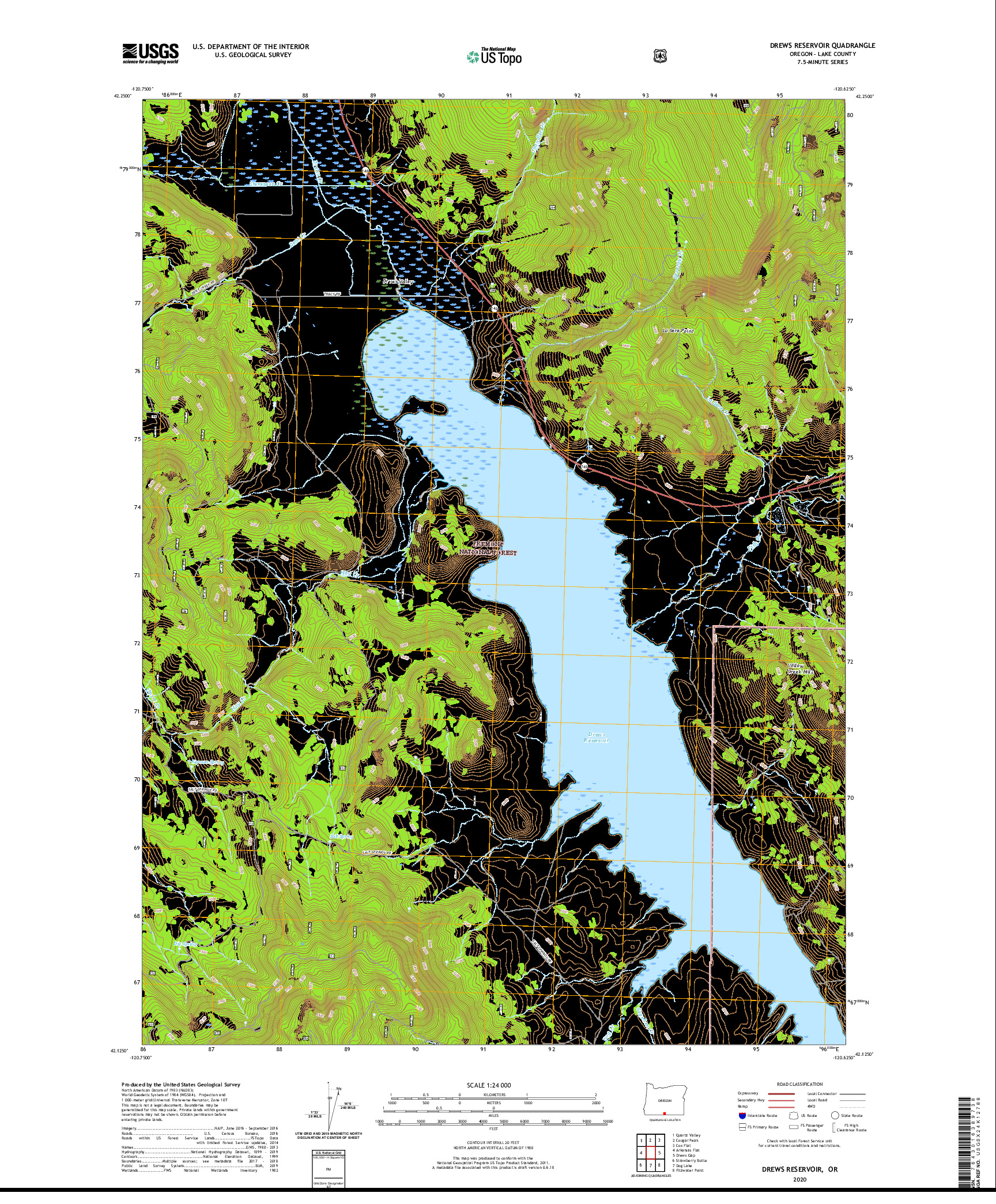 USGS US TOPO 7.5-MINUTE MAP FOR DREWS RESERVOIR, OR 2020