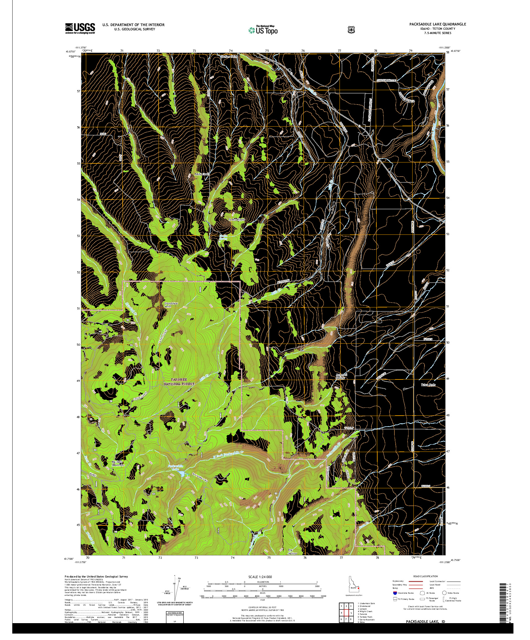 USGS US TOPO 7.5-MINUTE MAP FOR PACKSADDLE LAKE, ID 2020